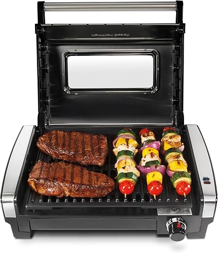 Hamilton Beach Electric Indoor Searing Grill with Viewing Window and Removable Easy-to-Clean Nonstick Plate, 6-Serving, Extra-Large Drip Tray, Stainless Steel (25361)
