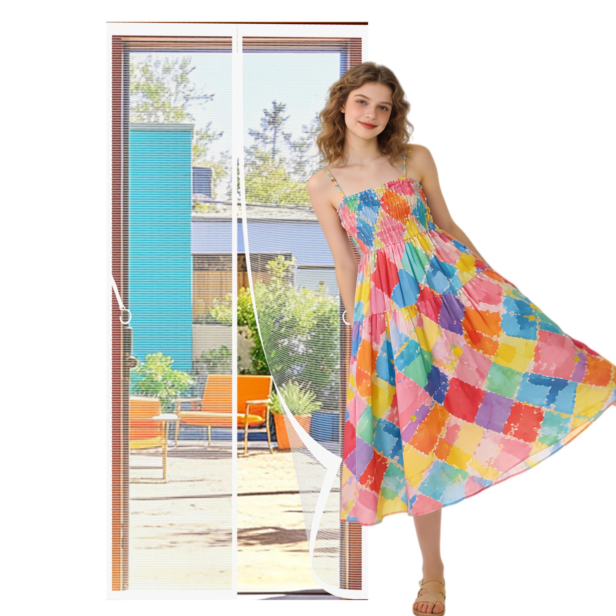 Magnetic Door Curtain 127 x 182 cm Hundreds of Sizes Heavy Duty Fly Door Powerful Magnets and Full Frame Magic Tape, No Drill Installation for Living Room, Bedroom, Patio, White