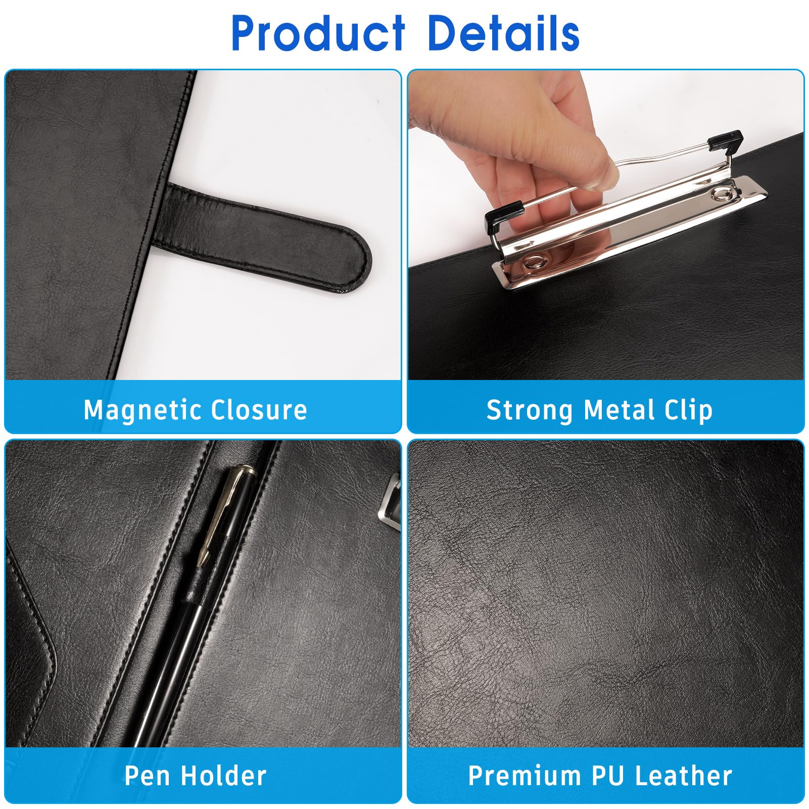 SITHON Portapapeles con Pinza A4, Carpeta Clip Cuero Sintético con Bolsillo Interior, Negro