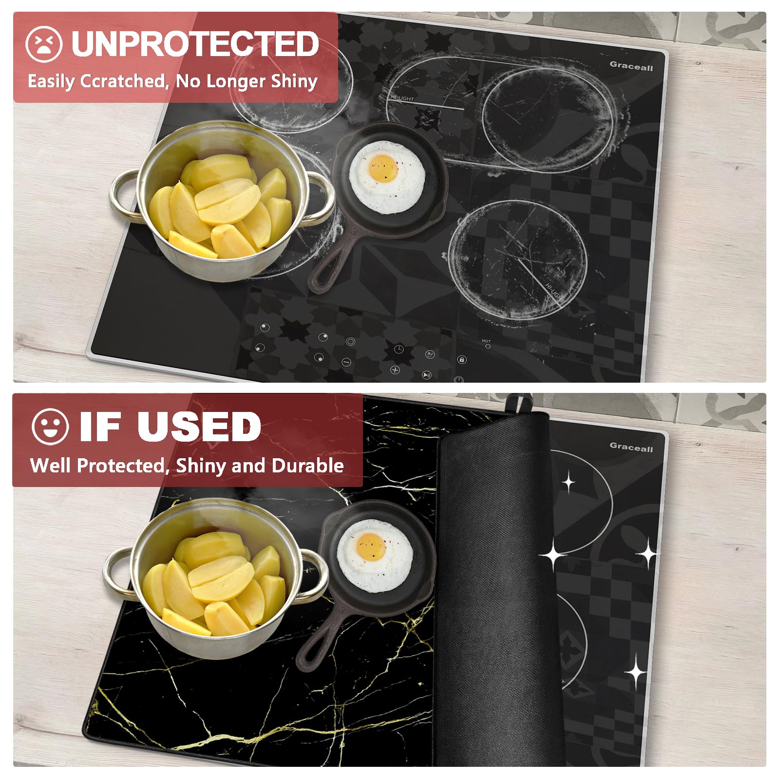 Graceall Copertura per piano cottura in vetroceramica a induzione 61 x 53 cm, tappetino protettivo per piano cottura elettrico in vetro con 2 ganci, resistente al calore, resistente ai graffi