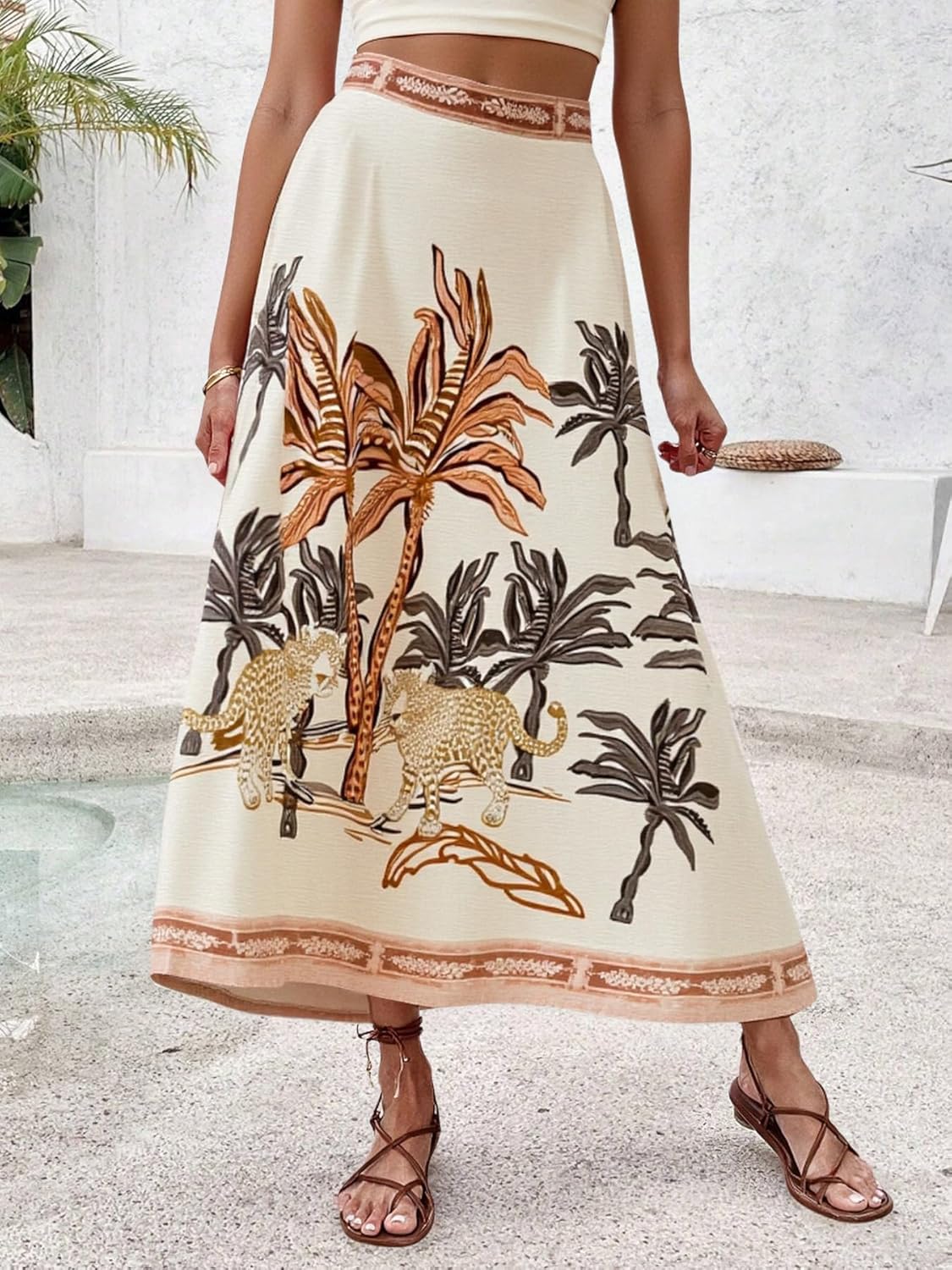 Long Maxi Skirts for Women Bohe Tropical Plants High Waist A-Line Casual 2025 Summer Beach Vacation Long Skirts