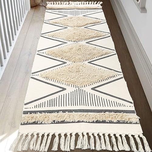Alfombra bohemia para pasillo, 2 x 6 pies, lavable, con borlas, para interiores y exteriores, de algodón, para cocina, baño, vestíbulo, dormitorio
