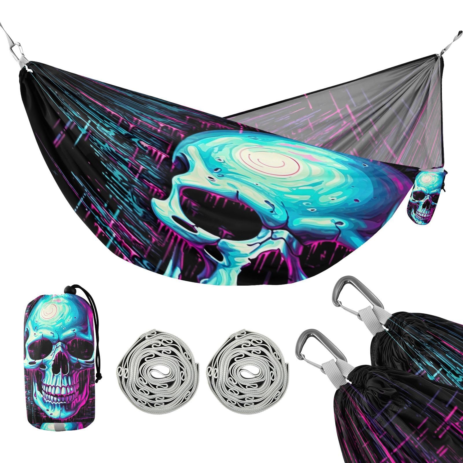 SDMKA Digital Skull Camping Hammock, 330 lbs with 2 Tree Straps, Carry Bag, Single Portable Hammock for Outdoor/Indoor, Hiking, Beach, Backpacking, Travel