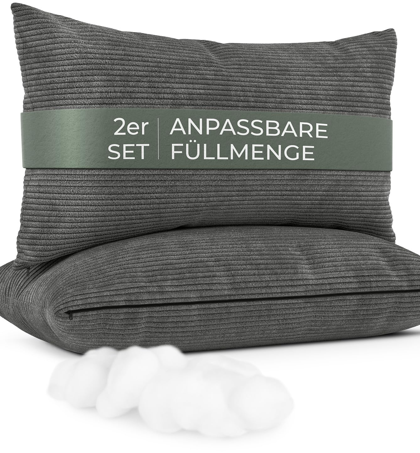 Sofakissen mit Füllung und Bezug 2er Set [extra bauschig] Cord Couchkissen groß 40x70 cm mit regulierbarer Dicke, Zierkissen Kord Bezug, Dekokissen für Sofa und Couch, hellgrau, Kordsamt Kissenbezug