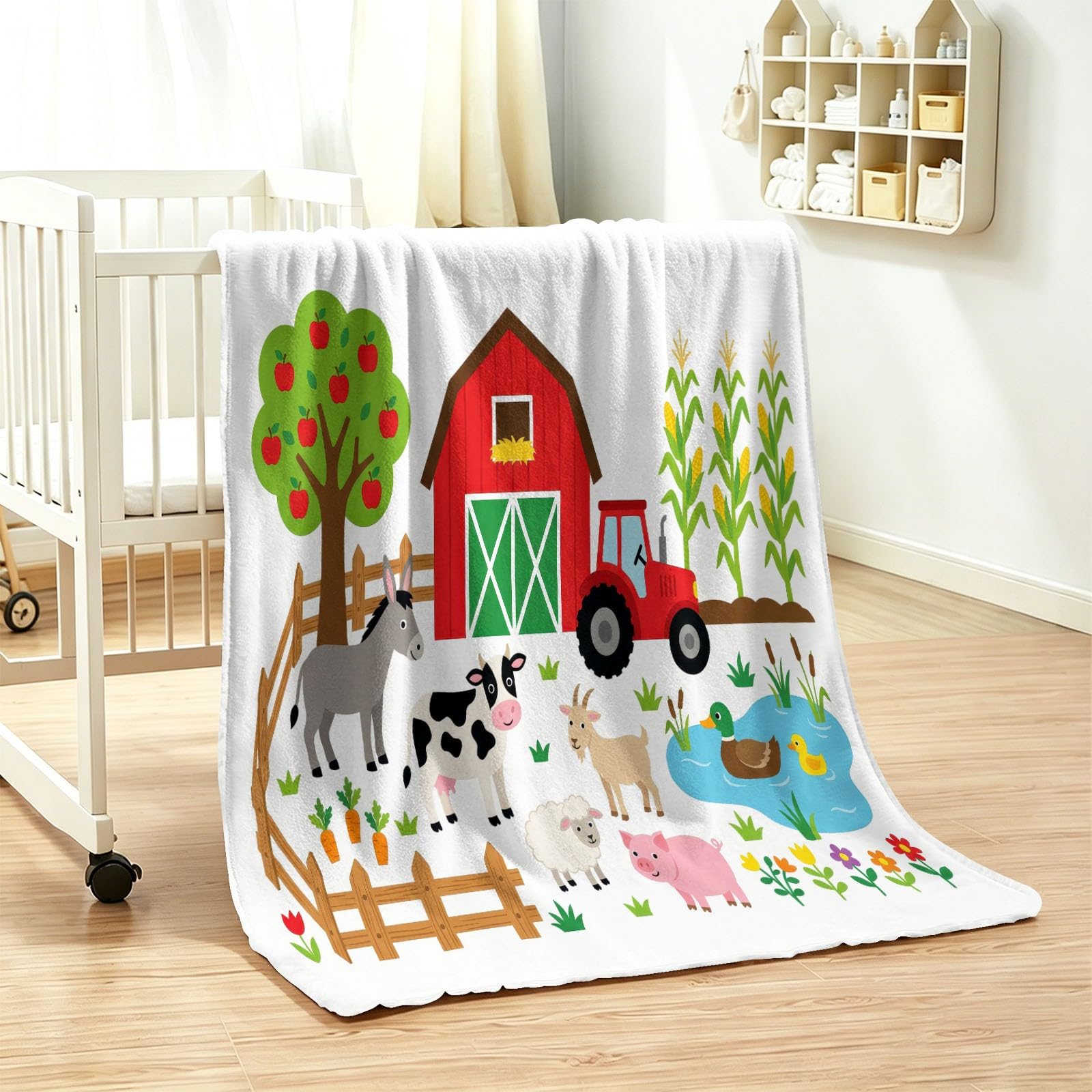 Generisch Manta suave de franela de 150 x 200 cm, con granero, cercas, animales, árboles, dibujos animados, estilo pastoral, suave manta para sofá, cama, habitación de los niños, manta como regalo
