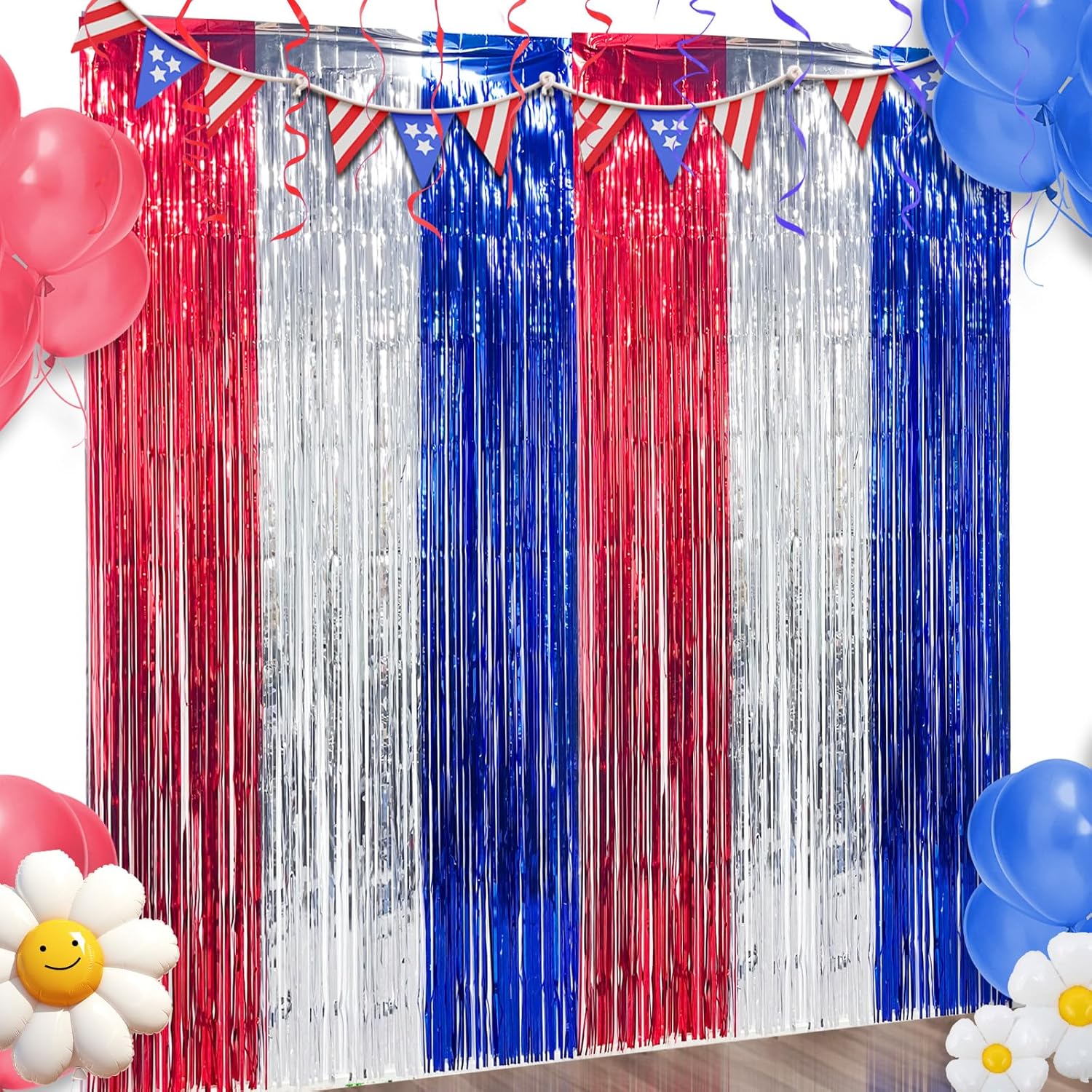 2 Pack Patriotic Tinsel Foil Fringe Curtains - Red White & Blue Metallic Streamers Backdrop for 4th of July, Memorial Day, Independence Day Party Decorations 6.6 x 6.6 ft Red White Blue