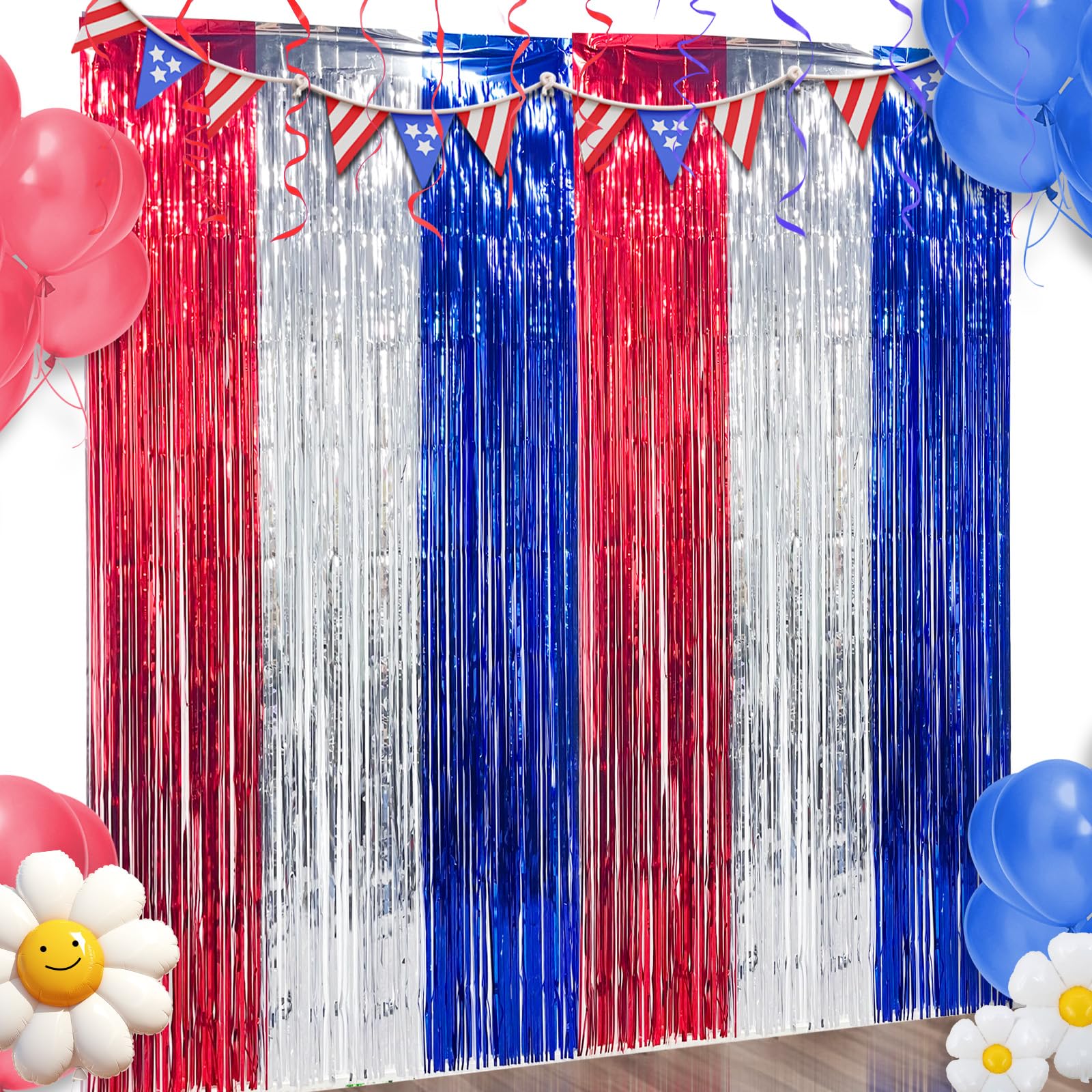 Ovasorve 2 Pack Patriotic Tinsel Foil Fringe Curtains - Red White & Blue Metallic Streamers Backdrop for 4th of July, Memorial Day, Independence Day