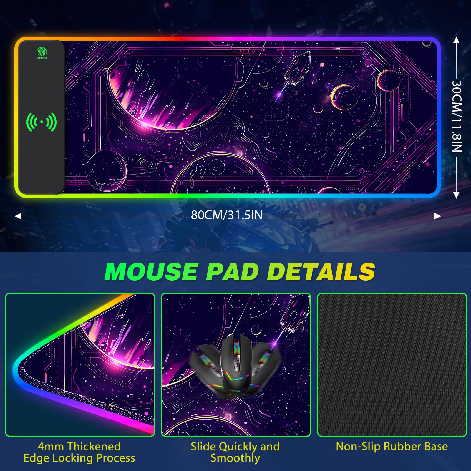 AIMSA Tappetino per mouse da gioco RGB con ricarica wireless, grande tappetino per mouse con 14 modalità di illuminazione a LED, base in gomma antiscivolo, impermeabile, per decorare casa e ufficio,