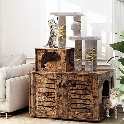 Recaceik Caja de arena para gatos con árbol para gatos, muebles de baño ocultos para gatos con divisor, casa de madera para gatos con plataforma, Recaceik Caja de arena para gatos con árbol para gatos, muebles de baño ocultos para gatos con divisor, casa de madera para gatos con plataforma,