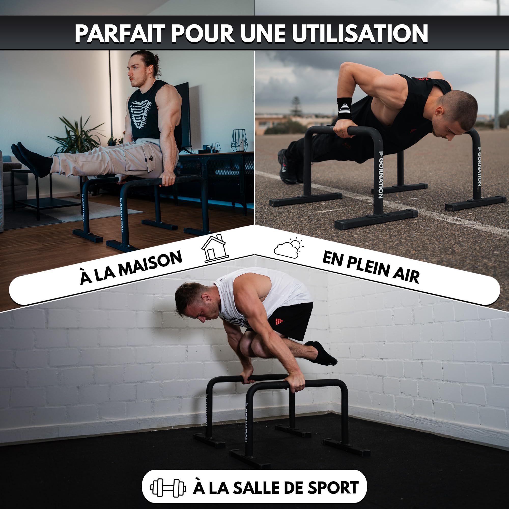 GORNATION Parallettes Métal pour Calisthenics, Barres Antidérapantes pour Push-Up, L-Sits, Handstand et Gymnastique, Entraînement à Domicile et Outdoor, Barres Parallèles en Acier Solide