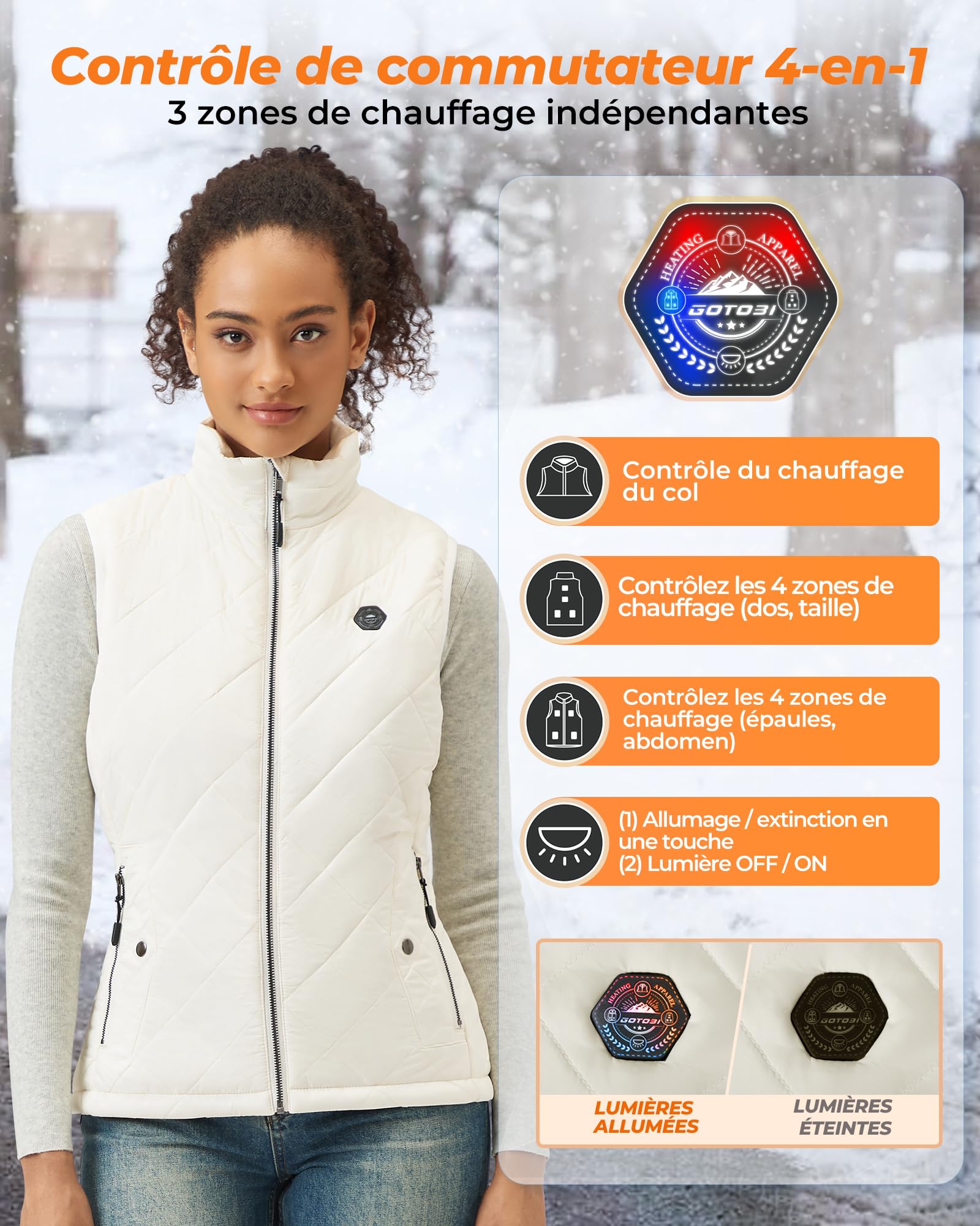 Gilet Chauffant Femme 7,4V 16000mAh 9 Zones Chauffage 3 Températures Réglables Doudoune Chauffante Plein Air Randonnée Ski