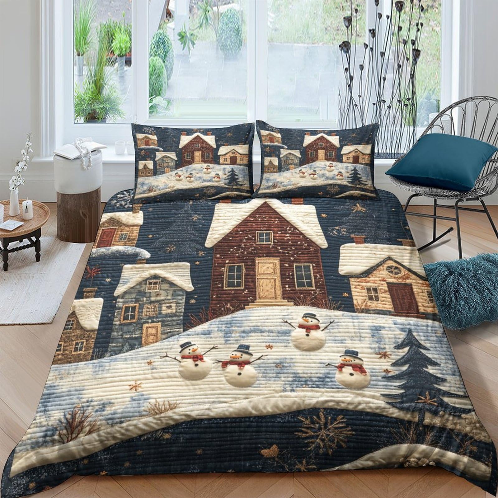 Ctjqhvkz Style-9 3D Printed Winter Village Fitted Sheet Microfiber Soft Decor Snowman Bed Cover For Bedroom Guest Room Mattress Protection Single（135X200cm）