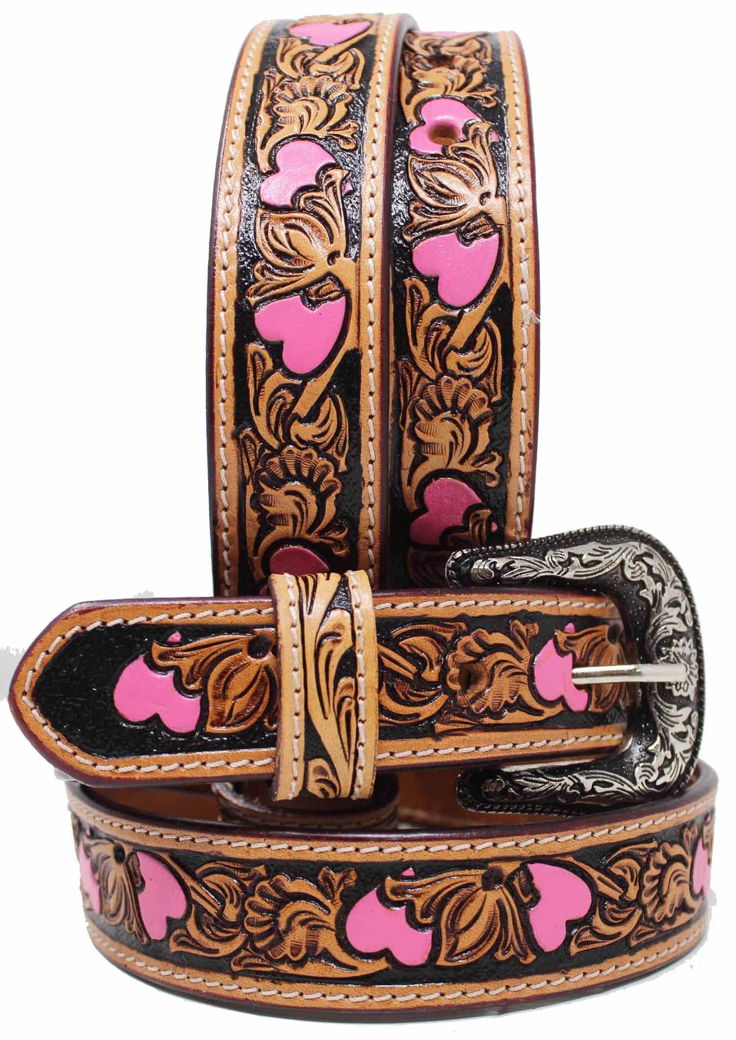 CHALLENGER 30" Girls Kids Child Youth 1-1/4" Wide Western Rodeo Fashion Two-Tone Floral Hearts Tooled Leather Belt 26FK37PKC