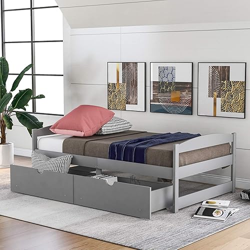 Cama de almacenamiento de plataforma individual con dos cajones, marco de sofá cama de madera maciza para dormitorio, habitación de invitados, no