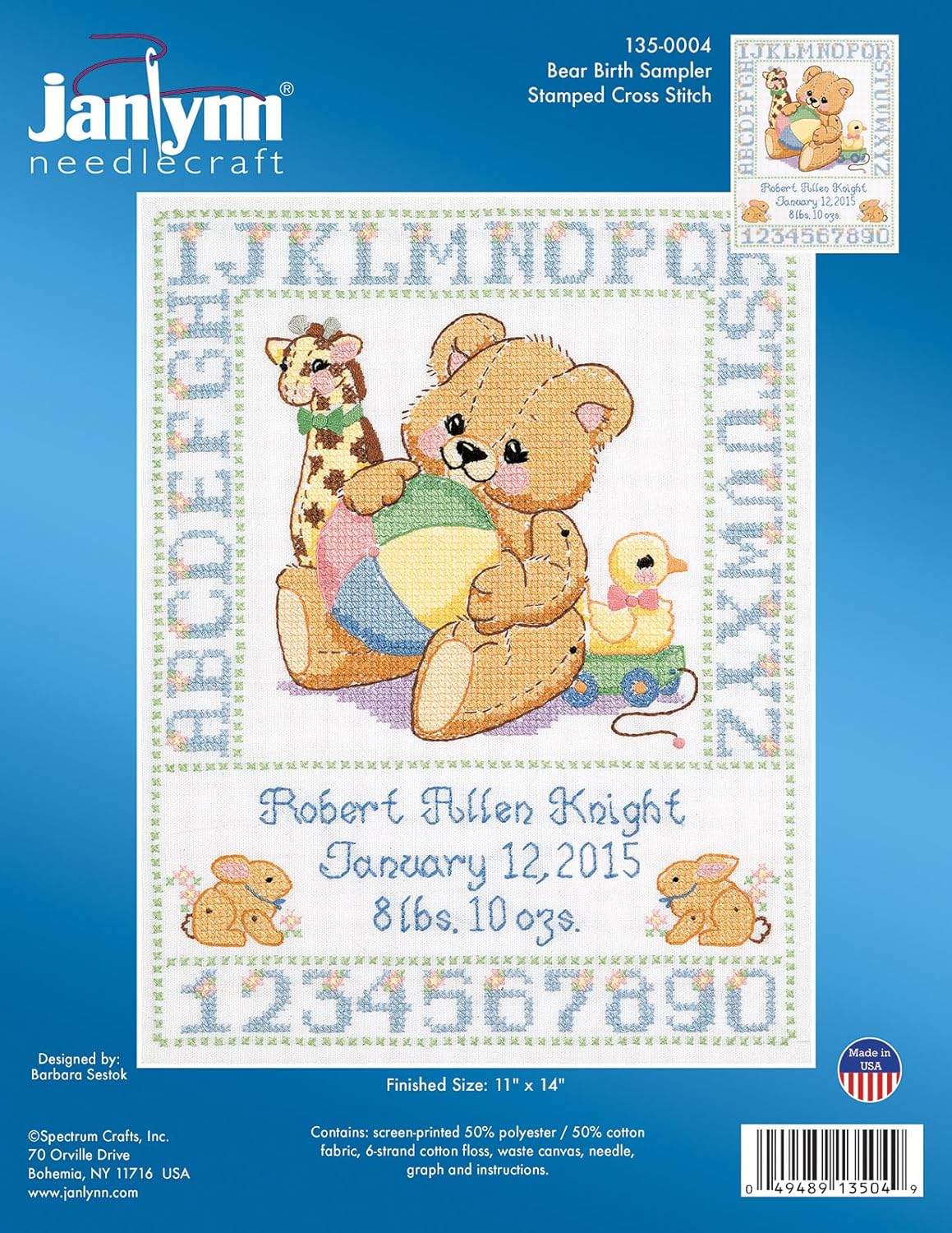 Janlynn C5589 Bear Birth Sampler Stamped Cross Stitch Kit-11"X14", Multicolored