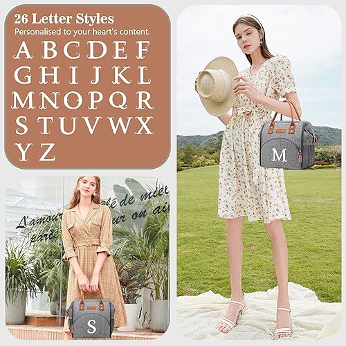Miniatura 7 de Lonchera con inicial para mujeres y mujeres, reutilizable, aislada, para adultos, bolsa de almuerzo de apertura amplia, bolsa enfriadora congelable