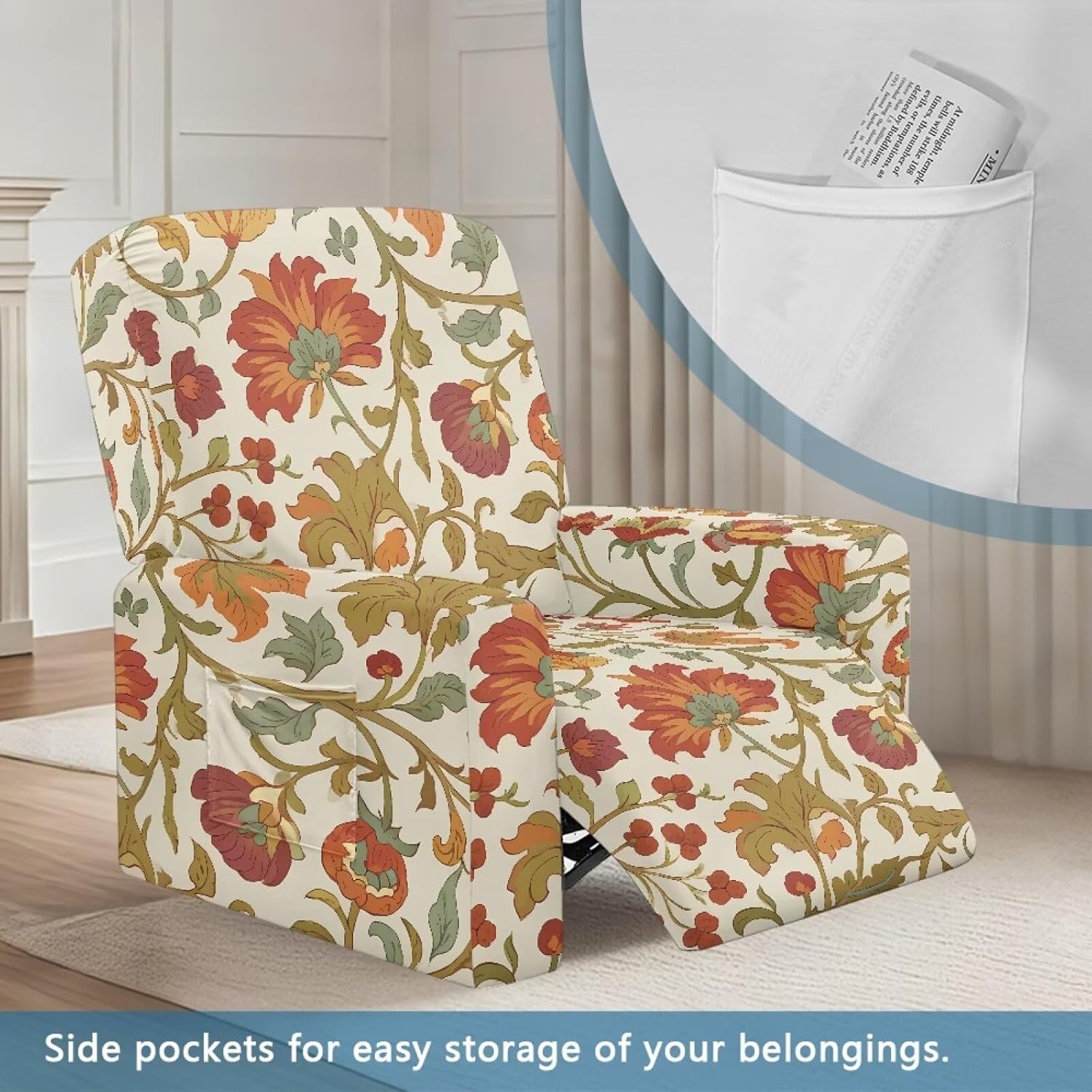 Floral Branches Recliner Slipcovers 4-Pieces Stretch Lounger Cover Non Slip Reclining Slipcovers with Storage Pockets Home Decor