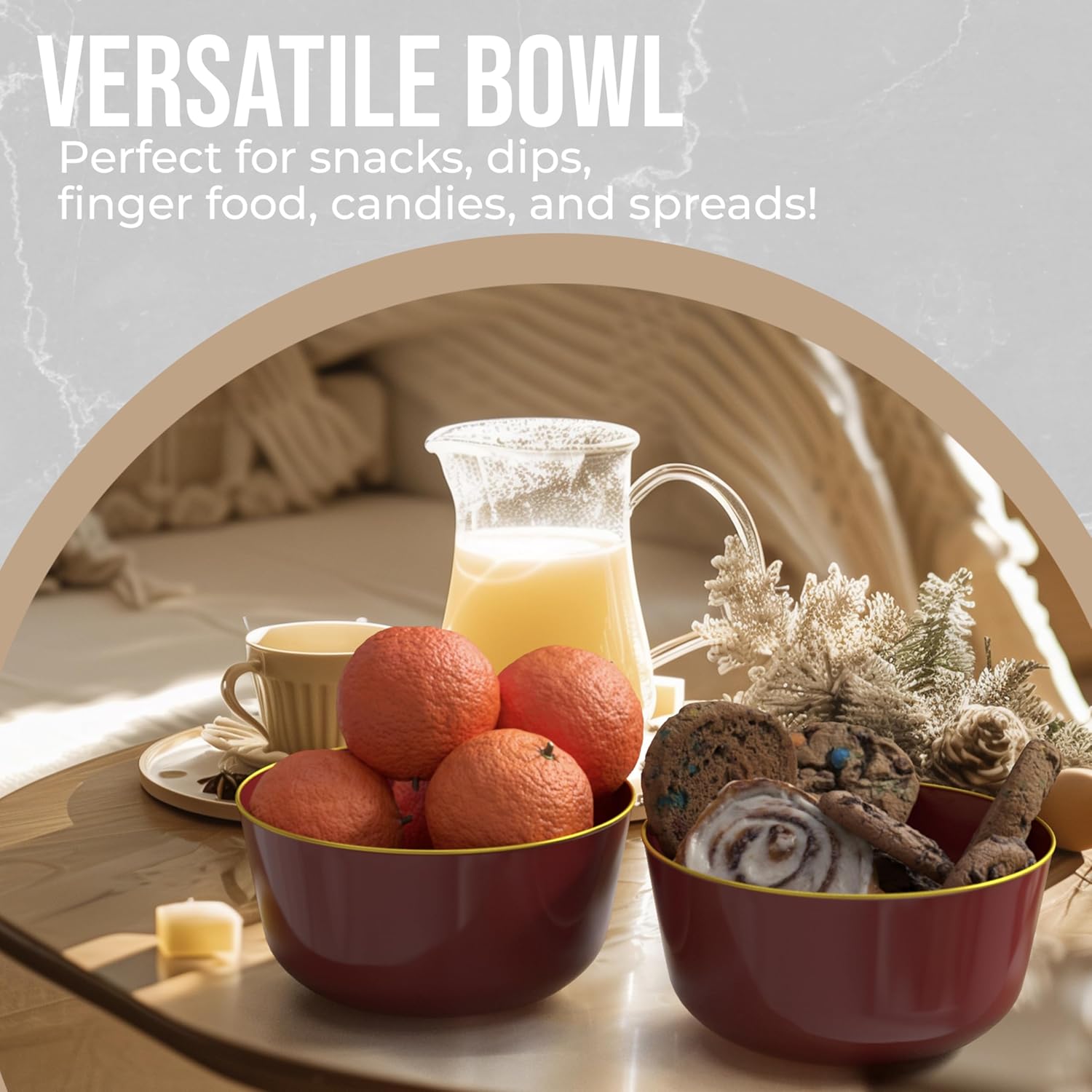 Trendables Burgundy & Gold Rimmed Disposable Bowls - 24 Oz Set of 20 Fancy Plastic Serving Bowls Perfect for Ice Cream, Salad & Candy