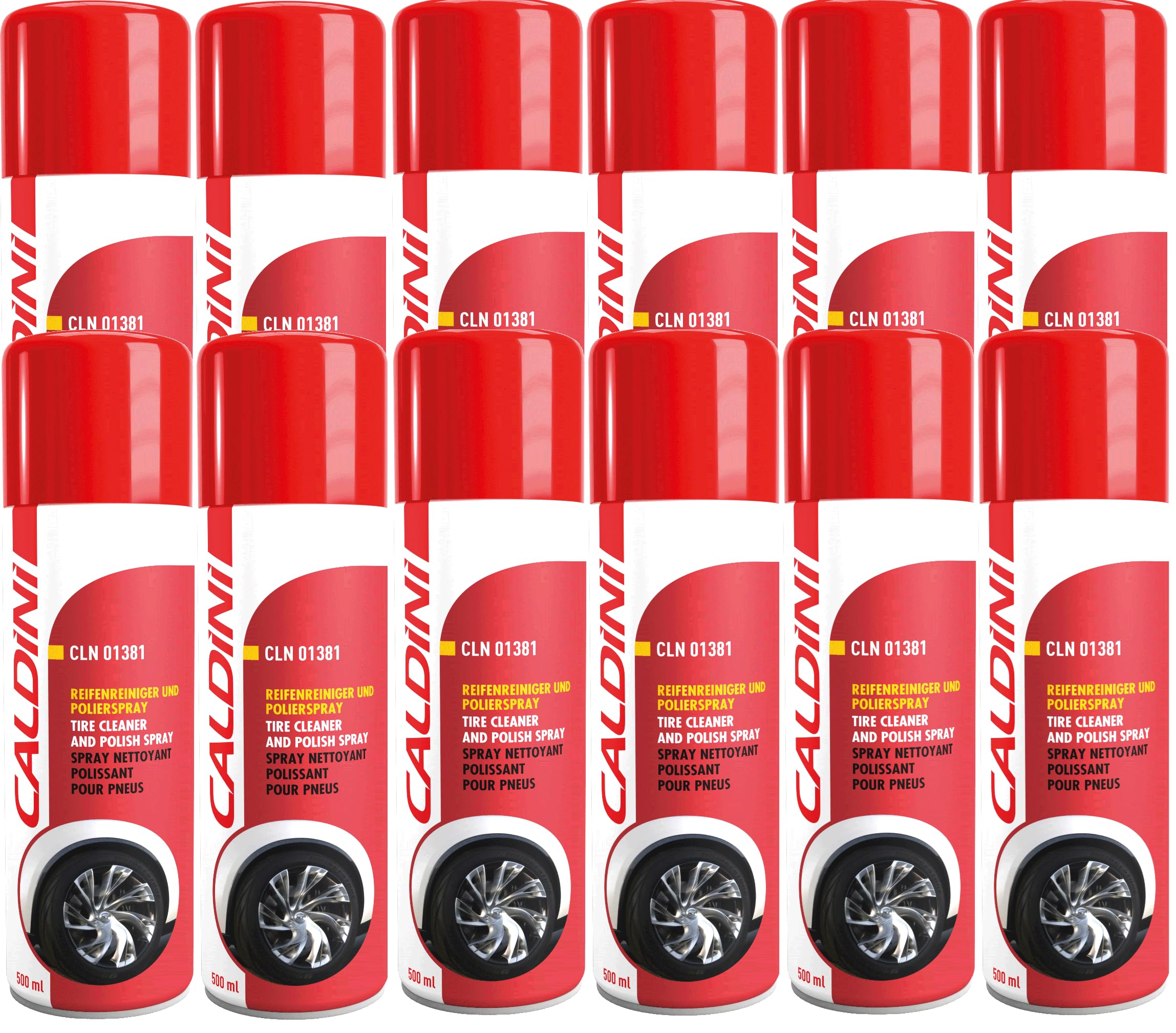 Caldini Reifenglanz Spray 12 x 500 ml, Premium Reifenpflege und Gummipflege, reinigt und pflegt Reifenoberflächen, sorgt für Glanz und Schutz vor Austrocknung, ideal für Auto, Motorrad und Transporter
