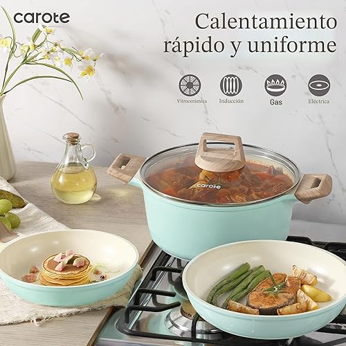 Miniatura 7 de CAROTE Juego de ollas y sartenes de cerámica de 21 piezas, juego de utensilios de cocina antiadherente para inducción, saludable no tóxico, libre de