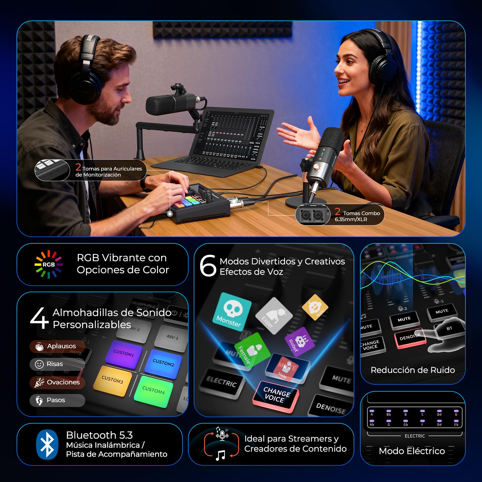 NearStream Mezclador gaming con preamp mic, doble entrada XLR/6.35mm, 48V, RGB, cambiador de voz, pads, loopback – Interfaz audio para streaming, podcast y música (AMIX20U)