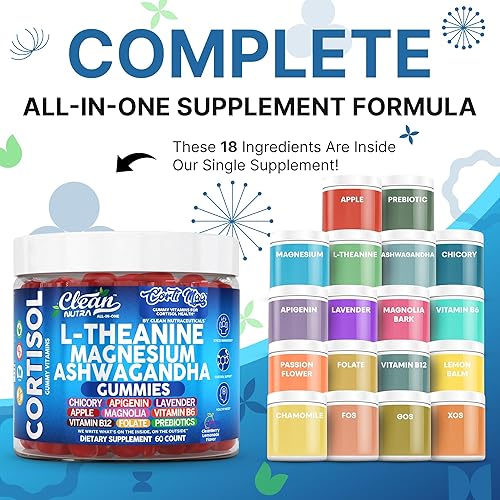 Miniatura 2 de Clean Nutra Cortisol Suplemento Gummies L-Teanina Magnesio Ashwagandha Apigenina Vitamina B6 Apoyo para el sueño y la calma Achicoria Lavanda