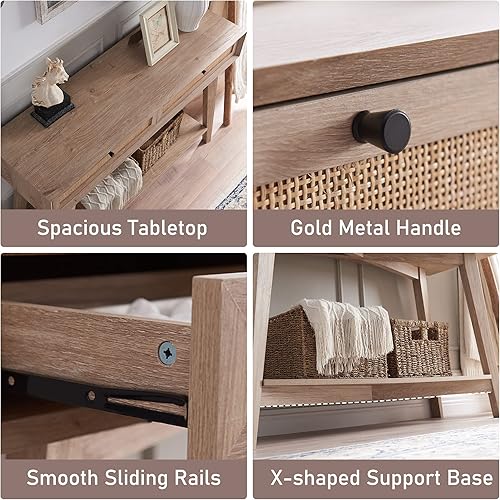 Miniatura 6 de OKD Mesa consola moderna de mediados de siglo con cajones de almacenamiento de ratán natural mesa de entrada bohemia con estante abierto mesa de