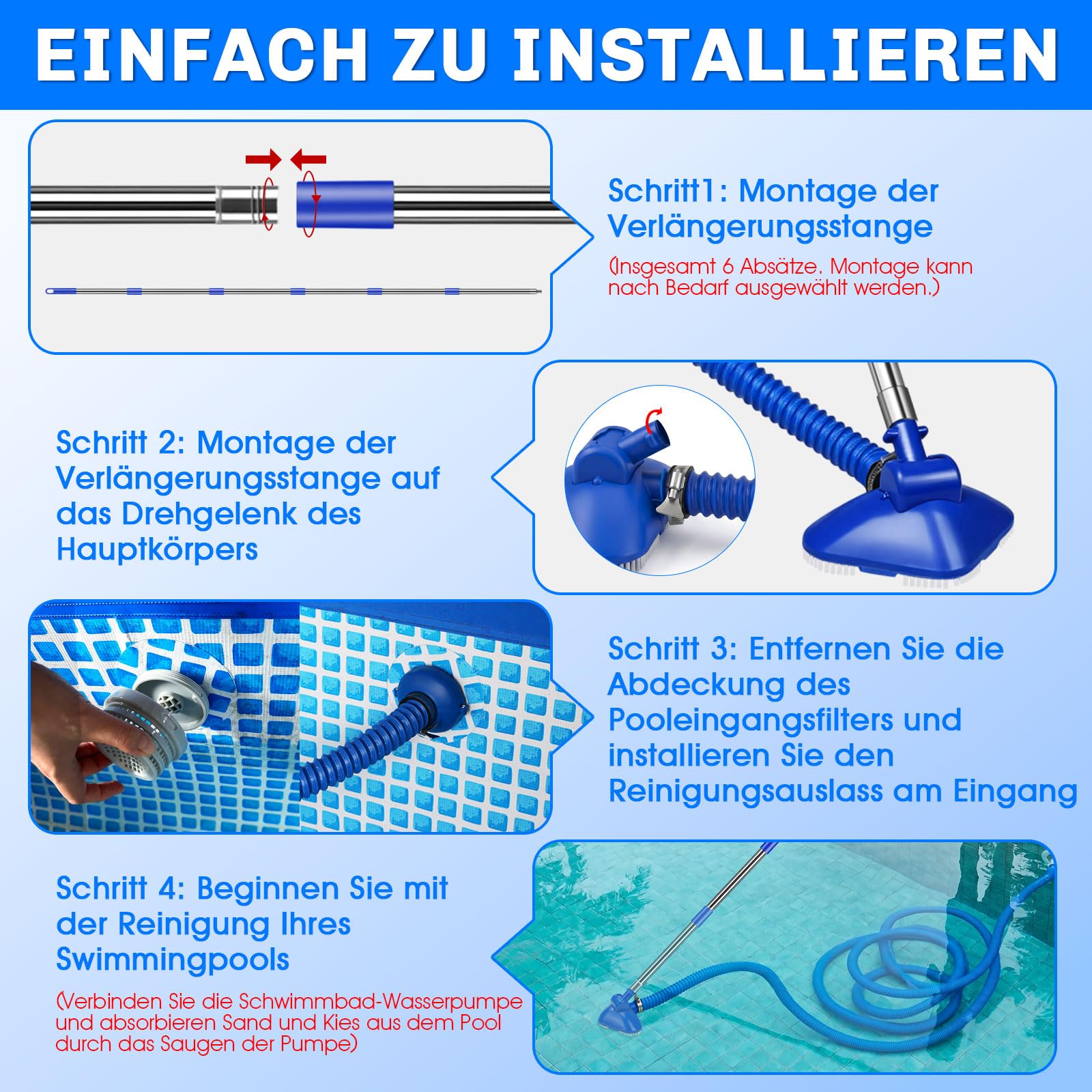 2.0 Upgrade Poolsauger Handheld Kabellos mit Teleskopstange und Schlauch, Starke Saugleistung Poolreiniger Bodensauger Pool Zubehör für Pool Schwimmbad Whirlpool Spa