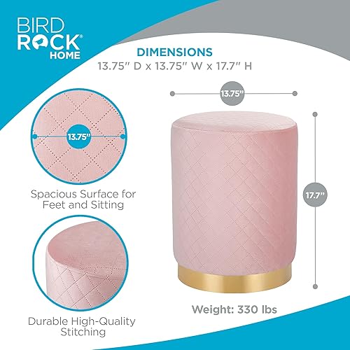 Miniatura 12 de BIRDROCK HOME Taburete otomano redondo de terciopelo con diseño de celosía y ribete dorado, reposapiés suave y acolchado para sala de estar o