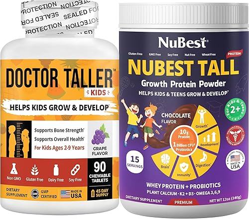 NuBest Proteína en polvo de crecimiento con sabor a chocolate + Doctor Taller Kids con 90 tabletas masticables para crecimiento de altura para niños