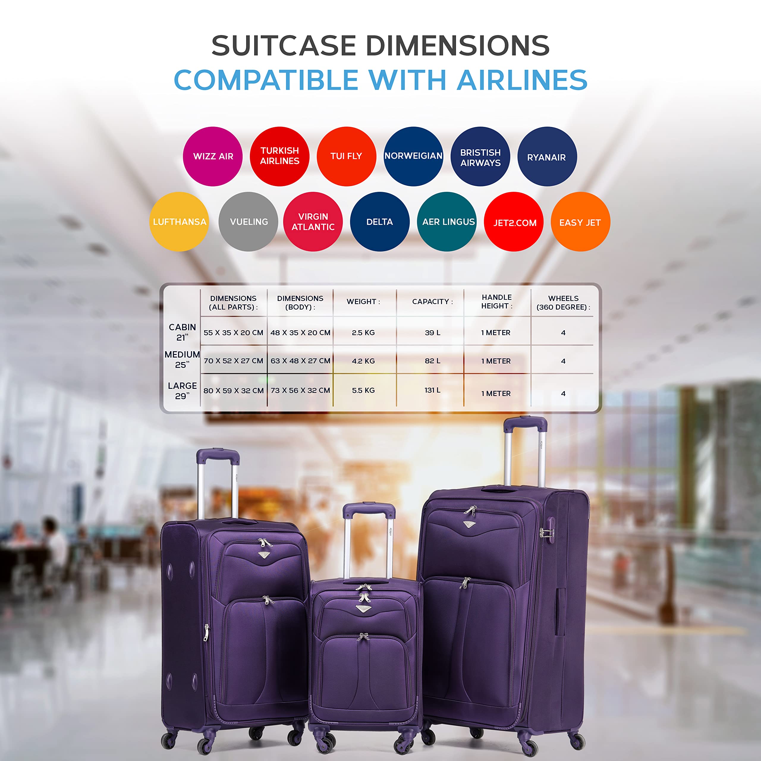 Flight Knight Lightweight 4 Wheel 800D Soft Case Quilted Suitcases Anti Crack Cabin & Hold Luggage Options Approved for Over 100 Airlines Including easyJet, BA & Many More!
