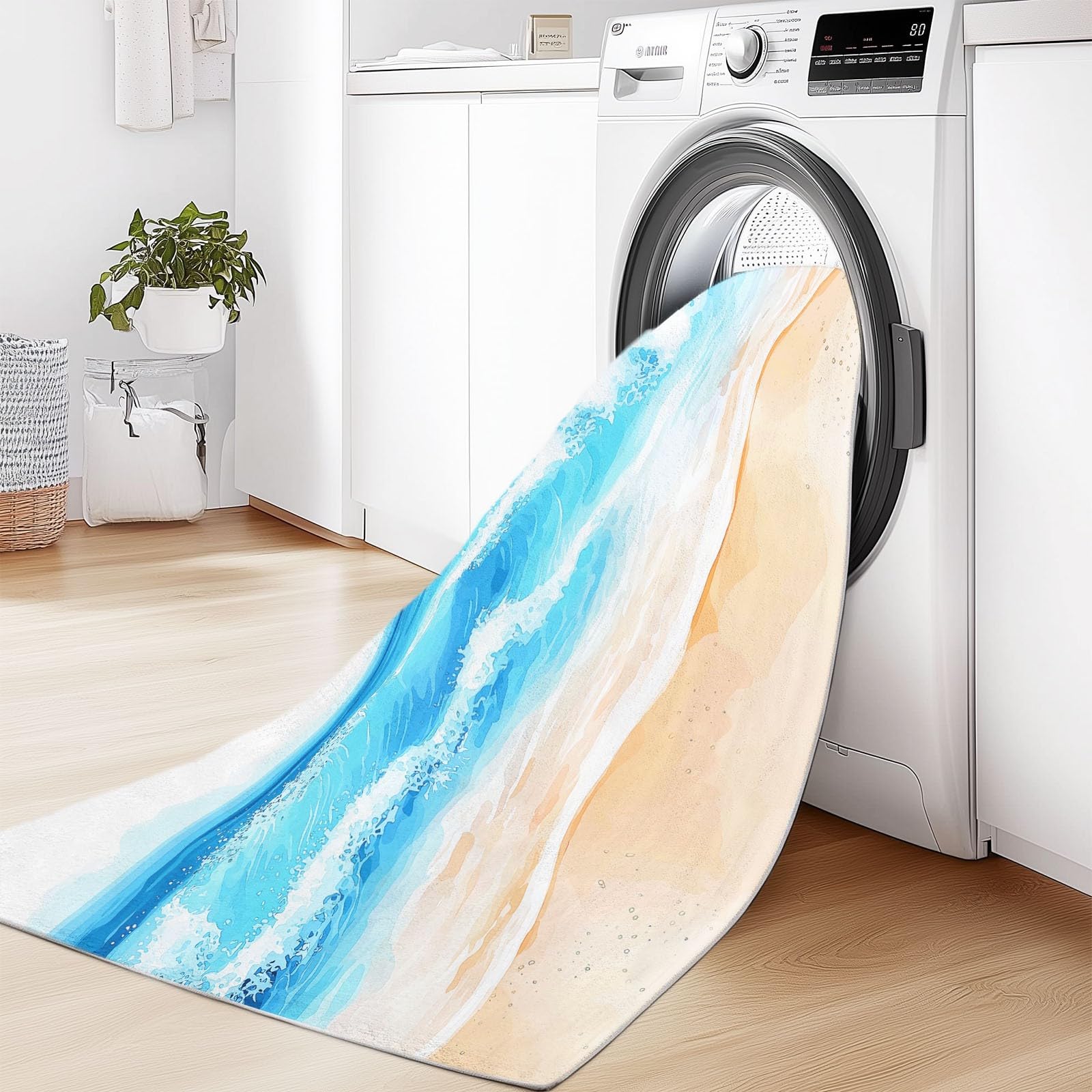 Nowoczesny, naturalny dywan 160 x 230 cm, podwójny, antypoślizgowy dywan podłogowy z narożnymi taśmami, plaża, fale morskie, piasek, zmywalny i chłonny, niski runo, do przestronnego pokoju zabaw i