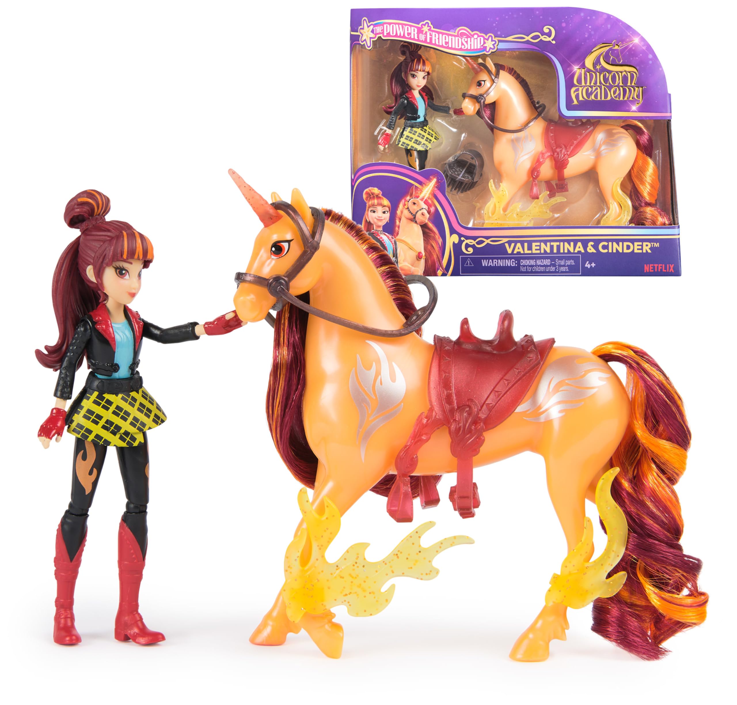 Unicorn Academy - Valentina und Einhorn Cinder Set, ca. 12 cm Originalfiguren zur Netflix Serie mit abnehmbarem Sattel, Mähnen- und Schweifbürste und Zubehör, für Kinder ab 4 Jahren