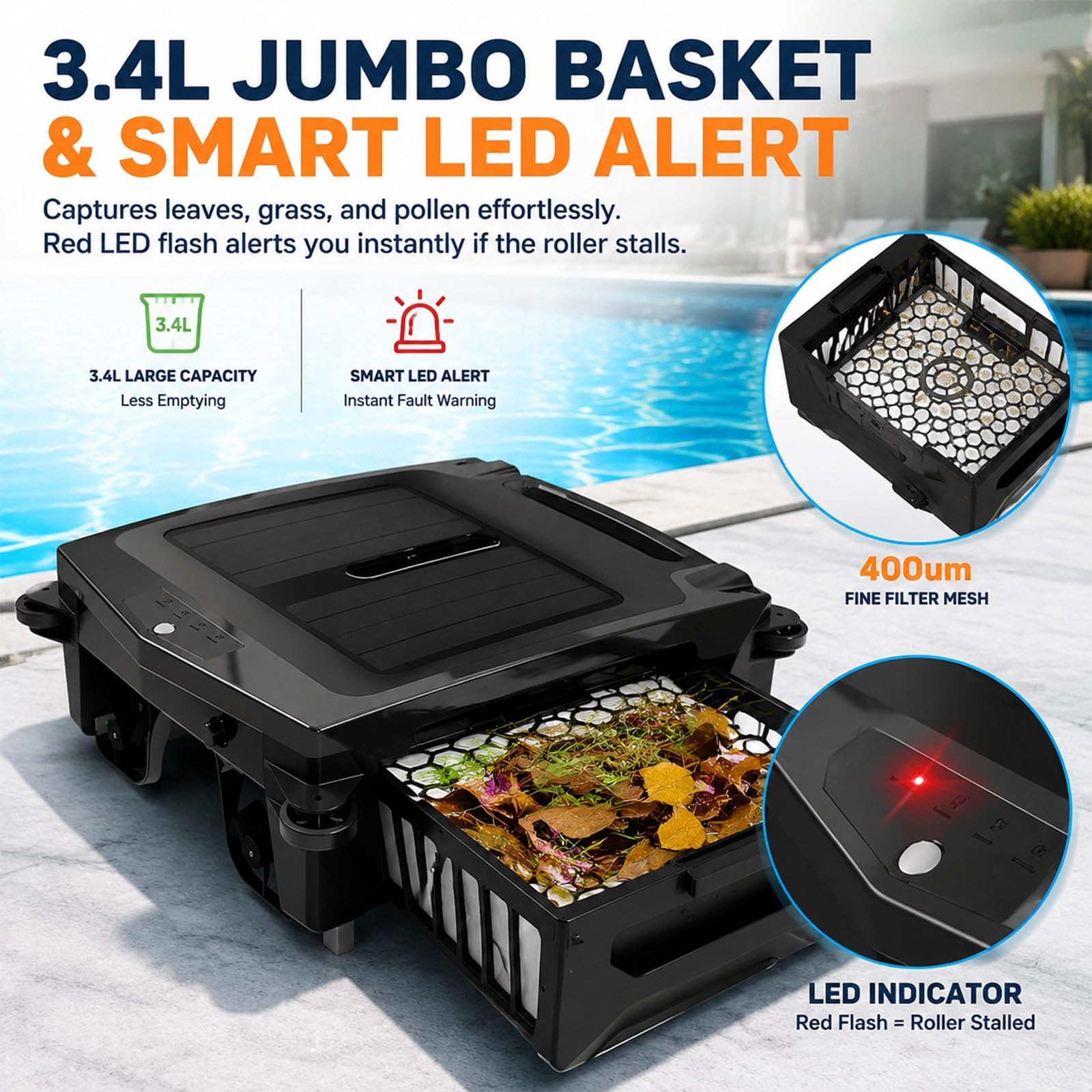 Skimmer de Superficie Solar Automático, Robot Aspirador Piscina Flotante | Sin Cable con Filtro Fino de 400um para Tanque Grande, Mantenimiento Ecológico