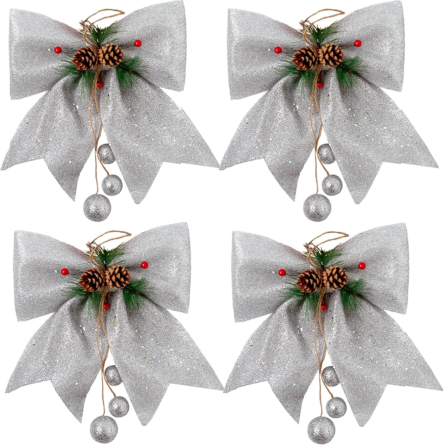 4PCS Christmas Bow, 10 x 12 Inch Silver Wreath Bows