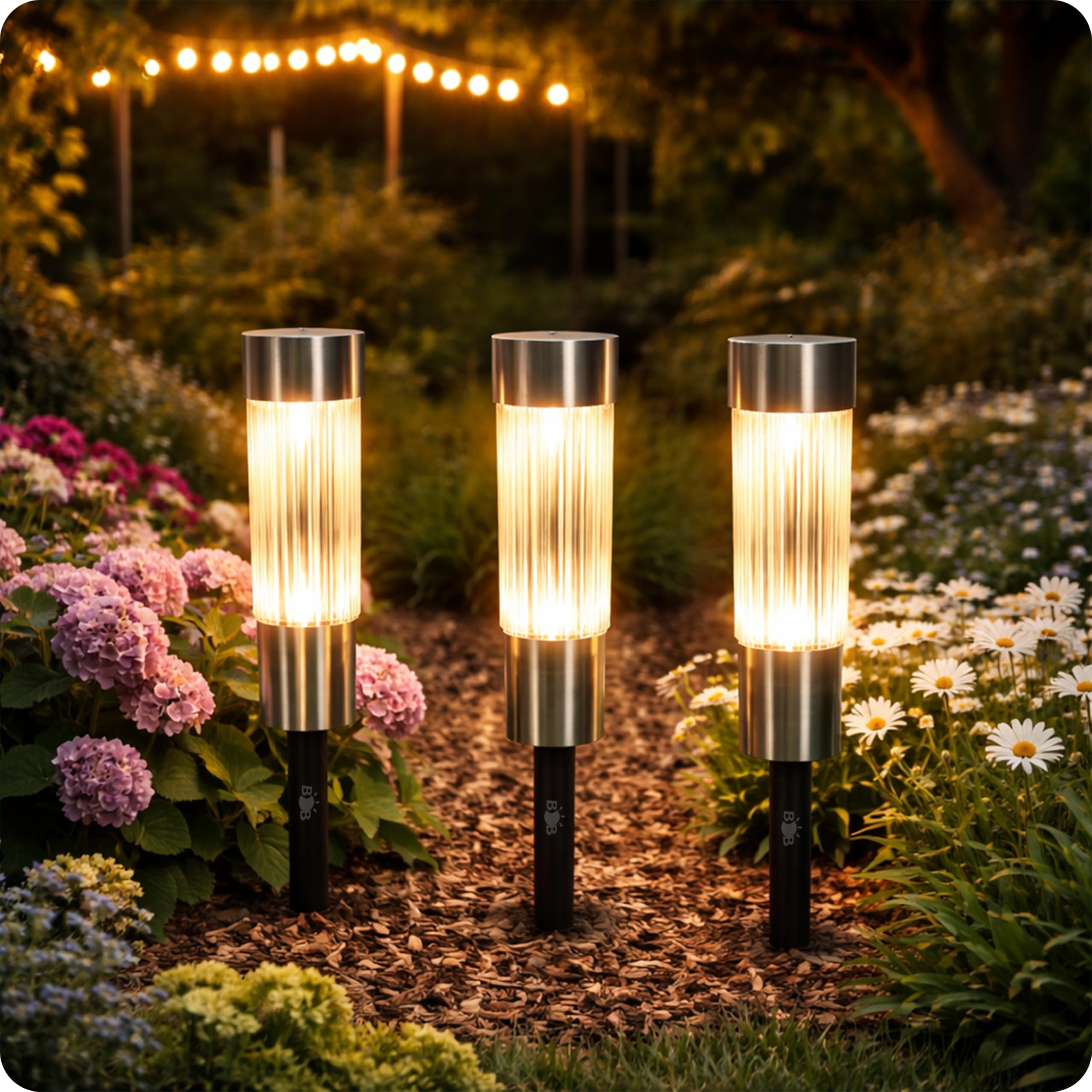 BrightBloom 3 Pack Solar Garden Stake Lights Outdoor Waterproof, Warm White LED Pathway Lights Solar Powered, Stainless Steel Landscape Stake Lights for Lawn Patio Yard Driveway