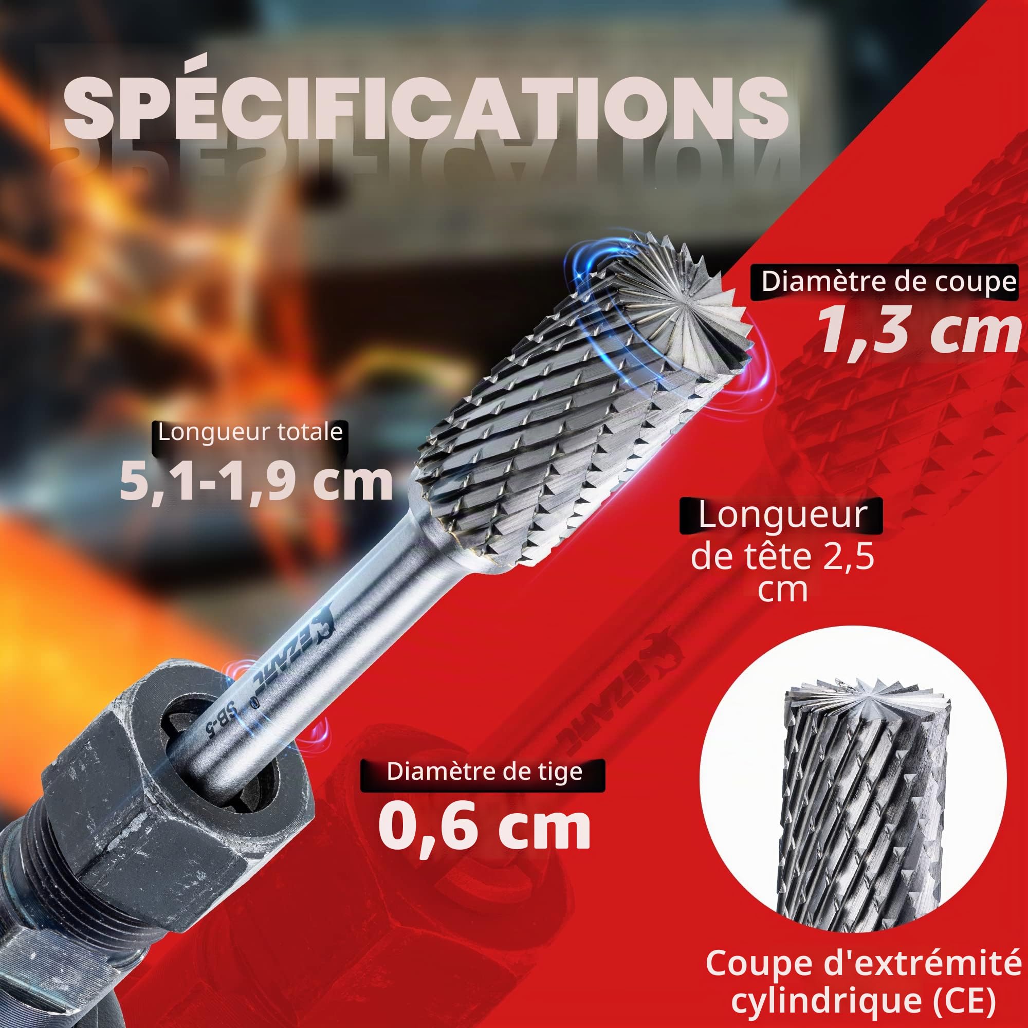 EZARC SB-5 Jeu de Fraise Rotative, Fraise en carbure avec tige de 6,35 mm, Lime rotative à double coupe en forme de cylindre à nez sphérique pour le travail de l'acier, du polissage et de la gravure