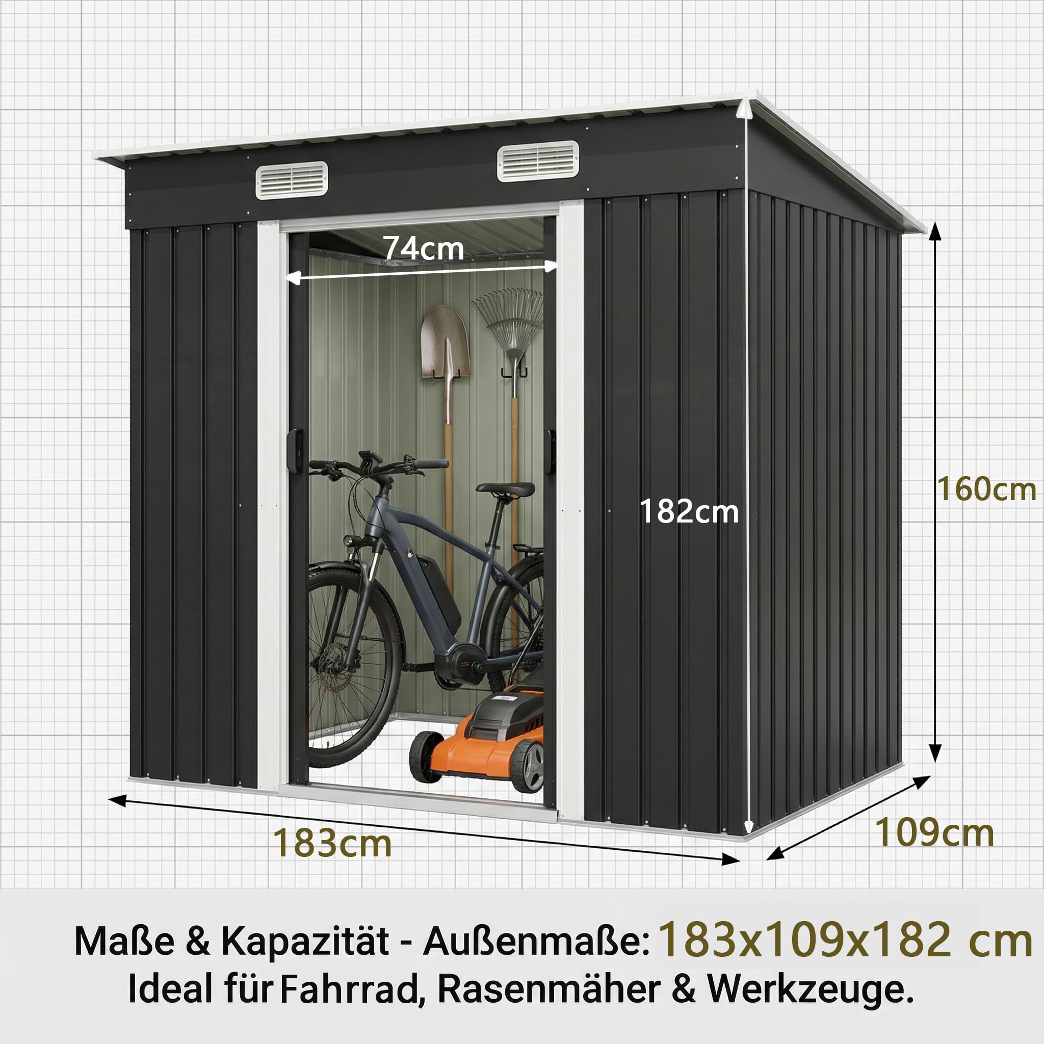 JUMMICO Metall Gerätehaus 3.63m³ 183x109x182cm Gartenschuppen mit Schiebetüre Schwarz