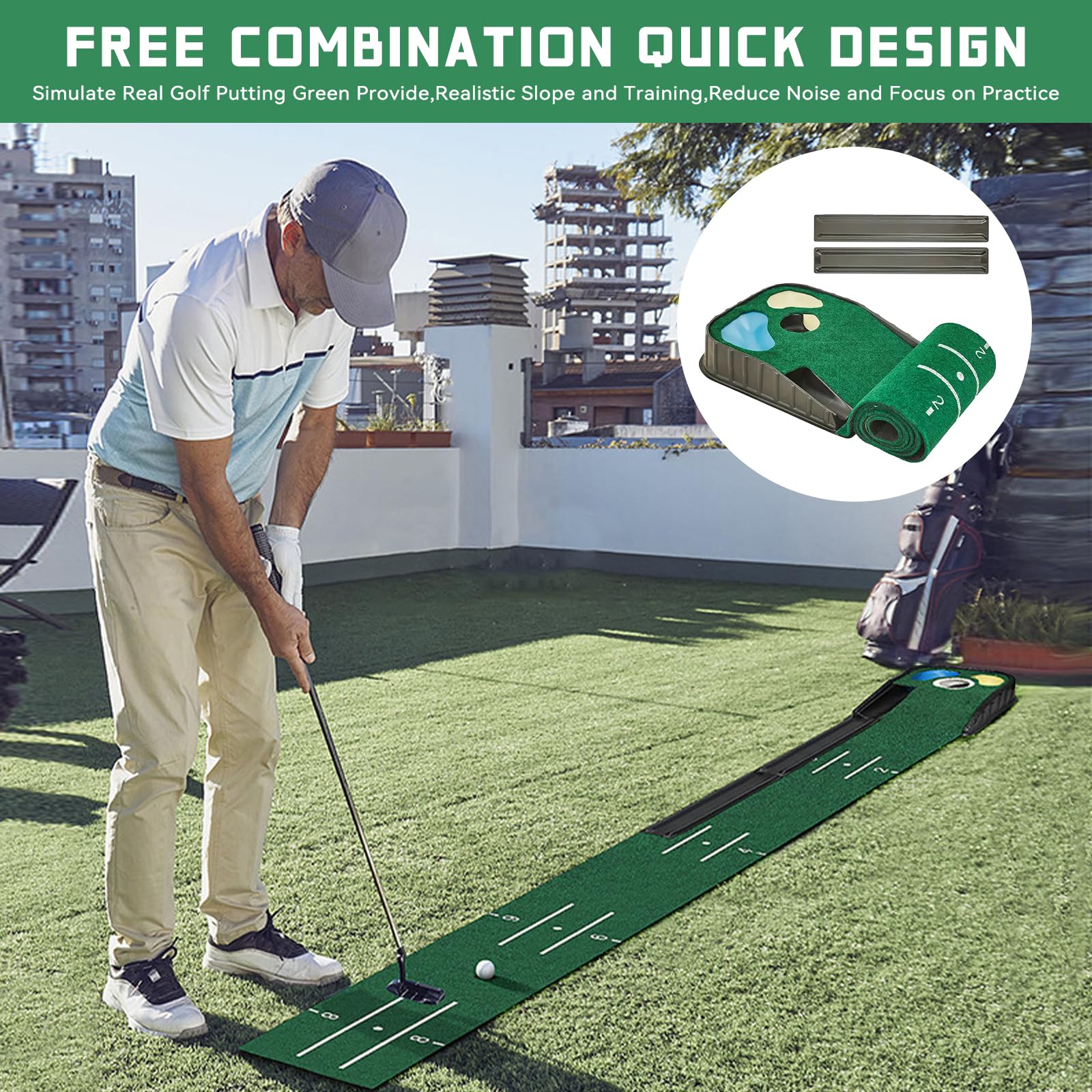 Tapis de golf d'intérieur vert avec retour automatique de balle et 3 trous, infroissable proche de la vraie vitesse verte, tapis de golf adapté pour bureau, salle de loisirs, terrasse