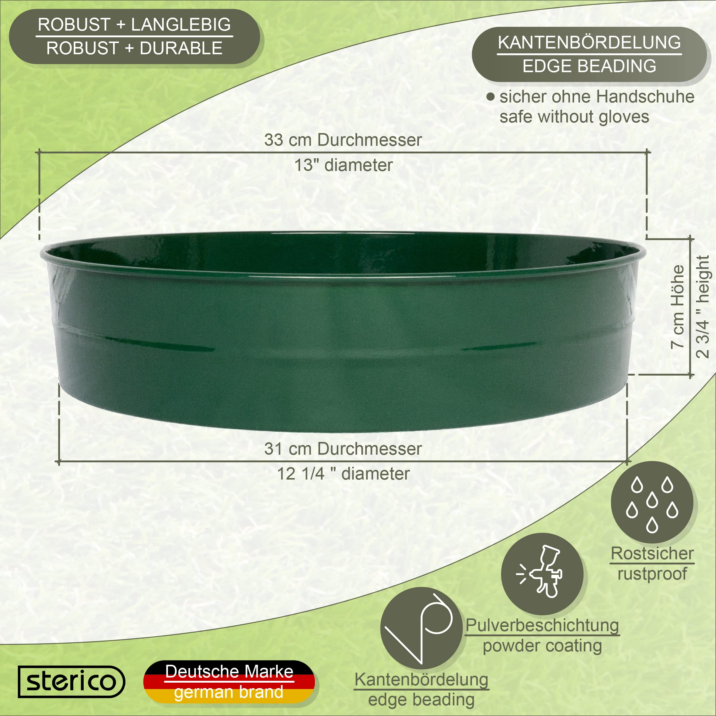 Sterico Sitko ogrodowe w różnych rozmiarach, okrągłe Ø 33 cm do nasion, ziemi, kompostu, kamieni, chwastów, kruszonego kamienia, układania w stosy, wytrzymałe (6 mm)