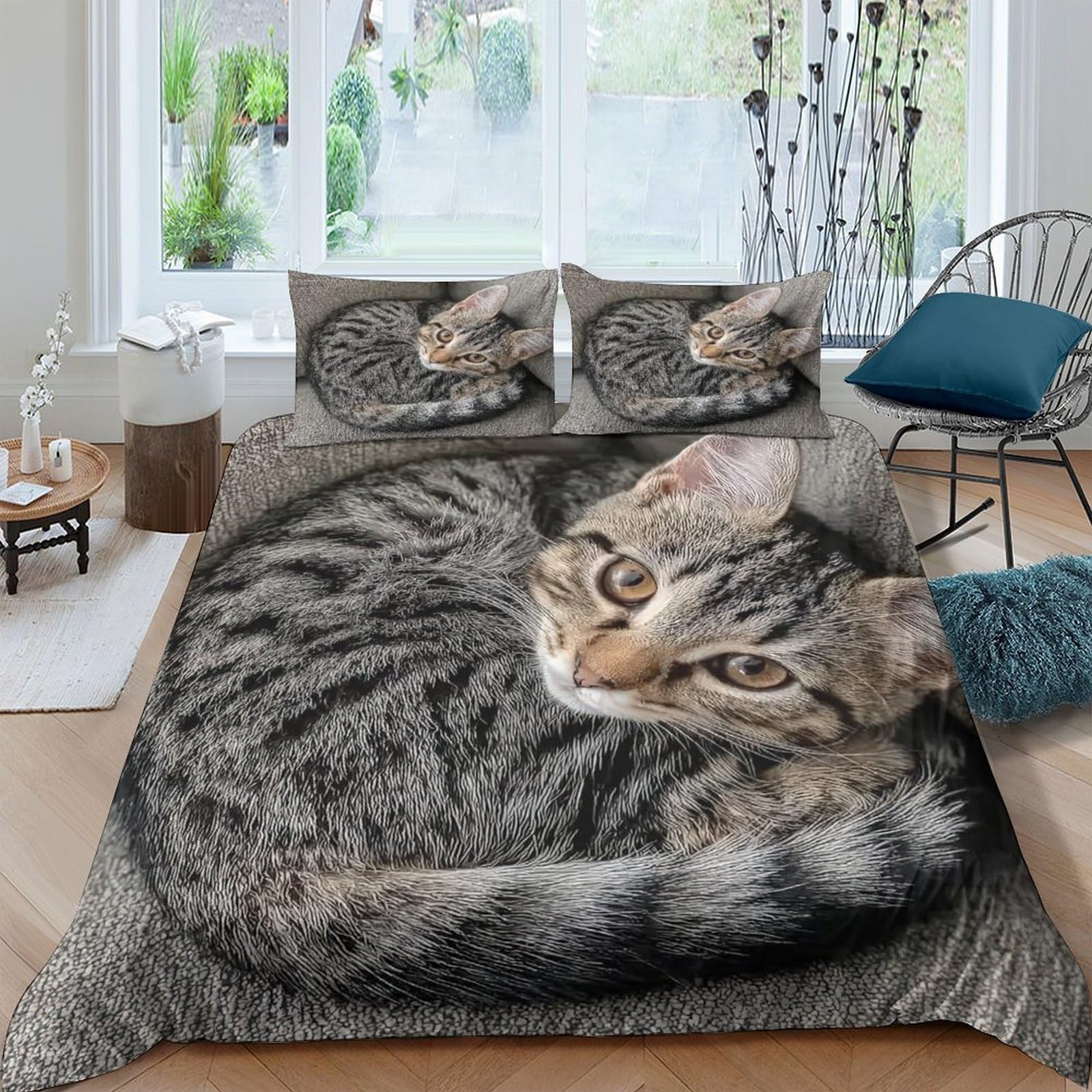 Ctjqhvkz Style-1 3D Printed Tabby Cat Fitted Sheet Microfiber Soft Bedroom Decor Realistic Cat Pattern Mattress Cover Single（135X200cm）