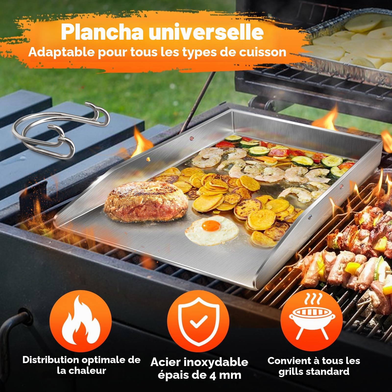 Plancha Plaque avec 2 spatules de barbecue de 4 mm d'épaisseur en acier inoxydable avec poignées amovibles, pour barbecue à gaz et barbecue au charbon de bois 40 x 30 x 4 cm