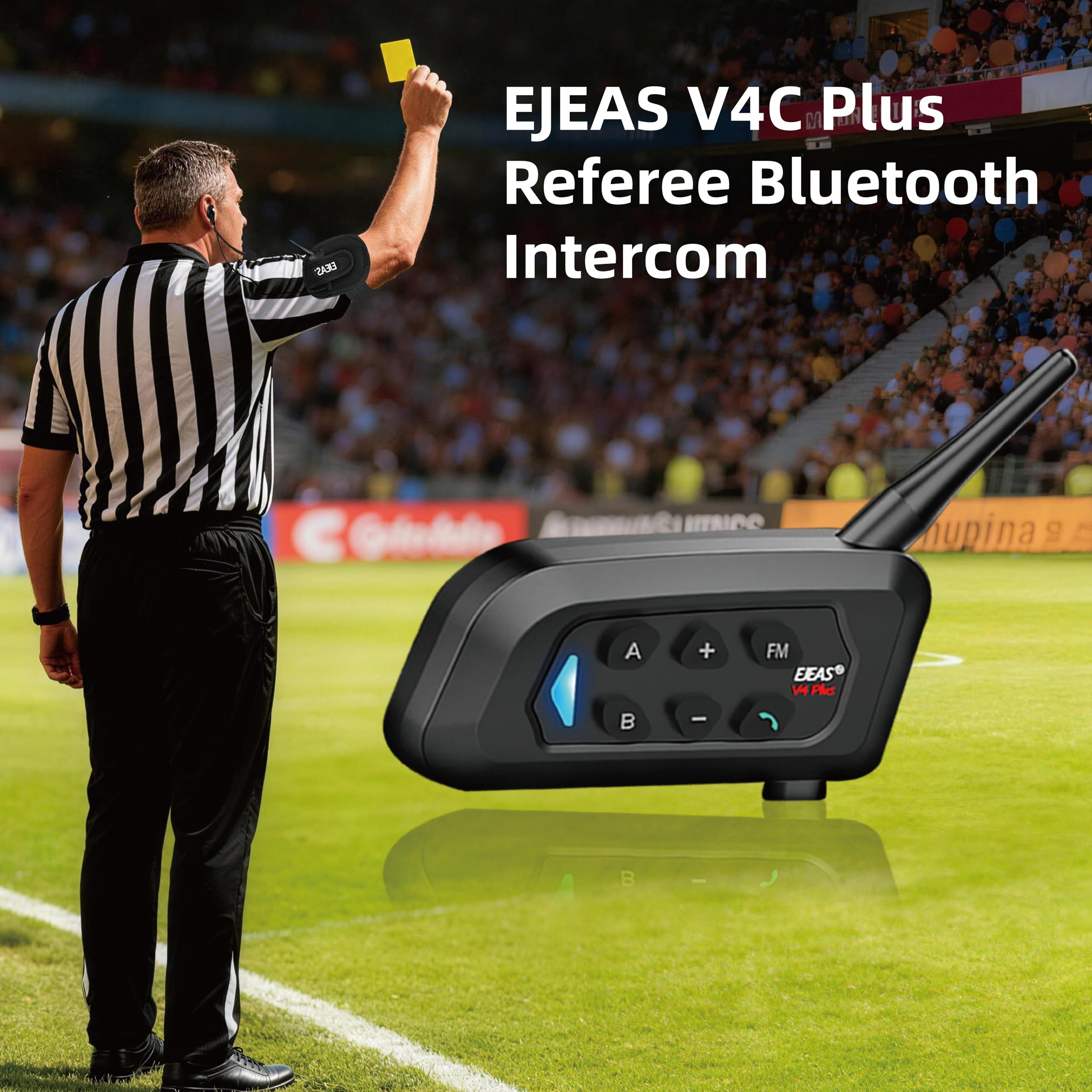 EJEAS V4C Plus - Cuffie interfono Bluetooth per arbitro di calcio, con radio FM e riduzione del rumore CVC, per 4 arbitri, confezione da 2