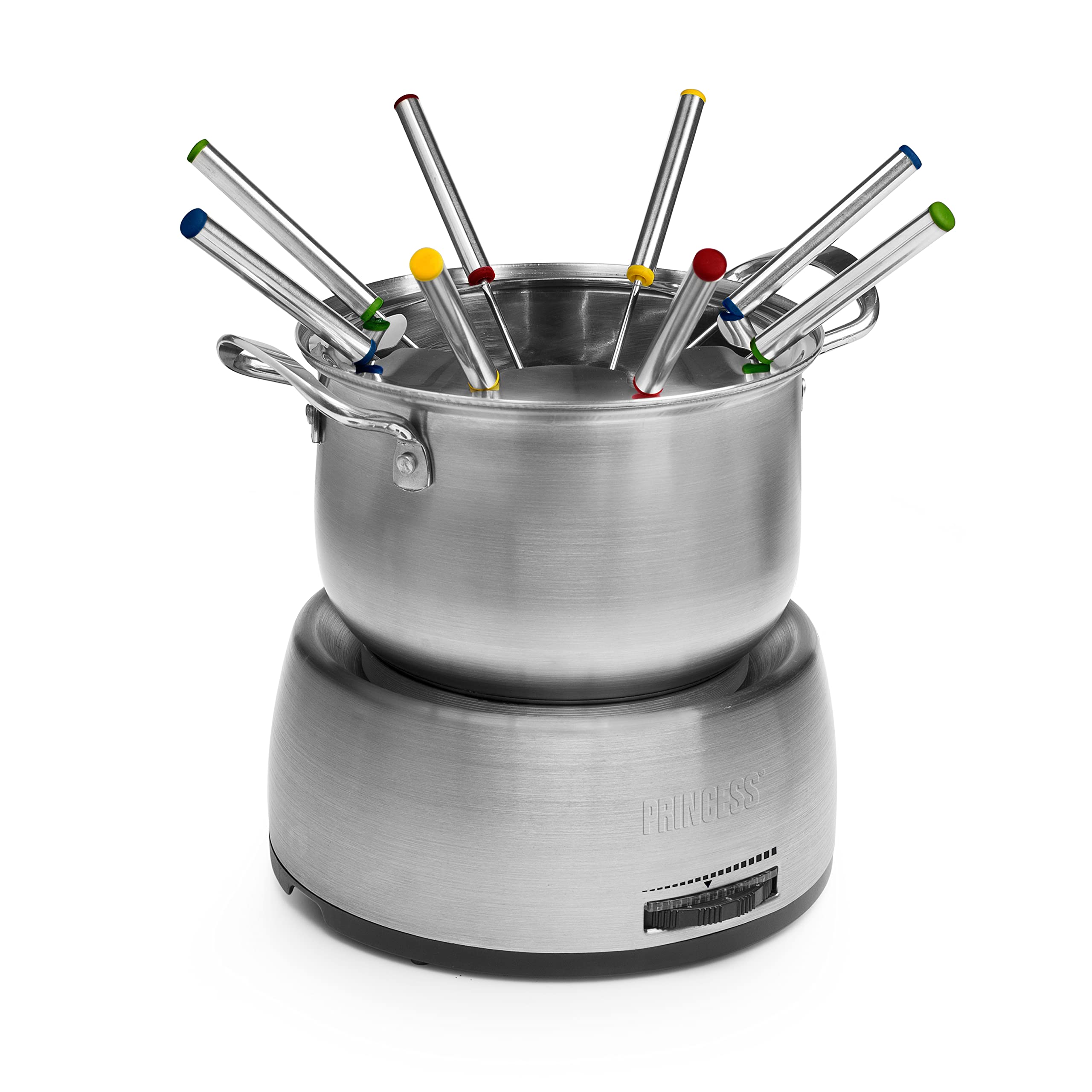 Princess Family Fondue-Set - 800 W, 1,2 Liter Fassungsvermögen, Thermostat, Edelstahl, doppelter Boden, 8 Fonduegabeln, 6 Dipschalen, Silber, 172680 01.172680.01.001, edelstahl, silber