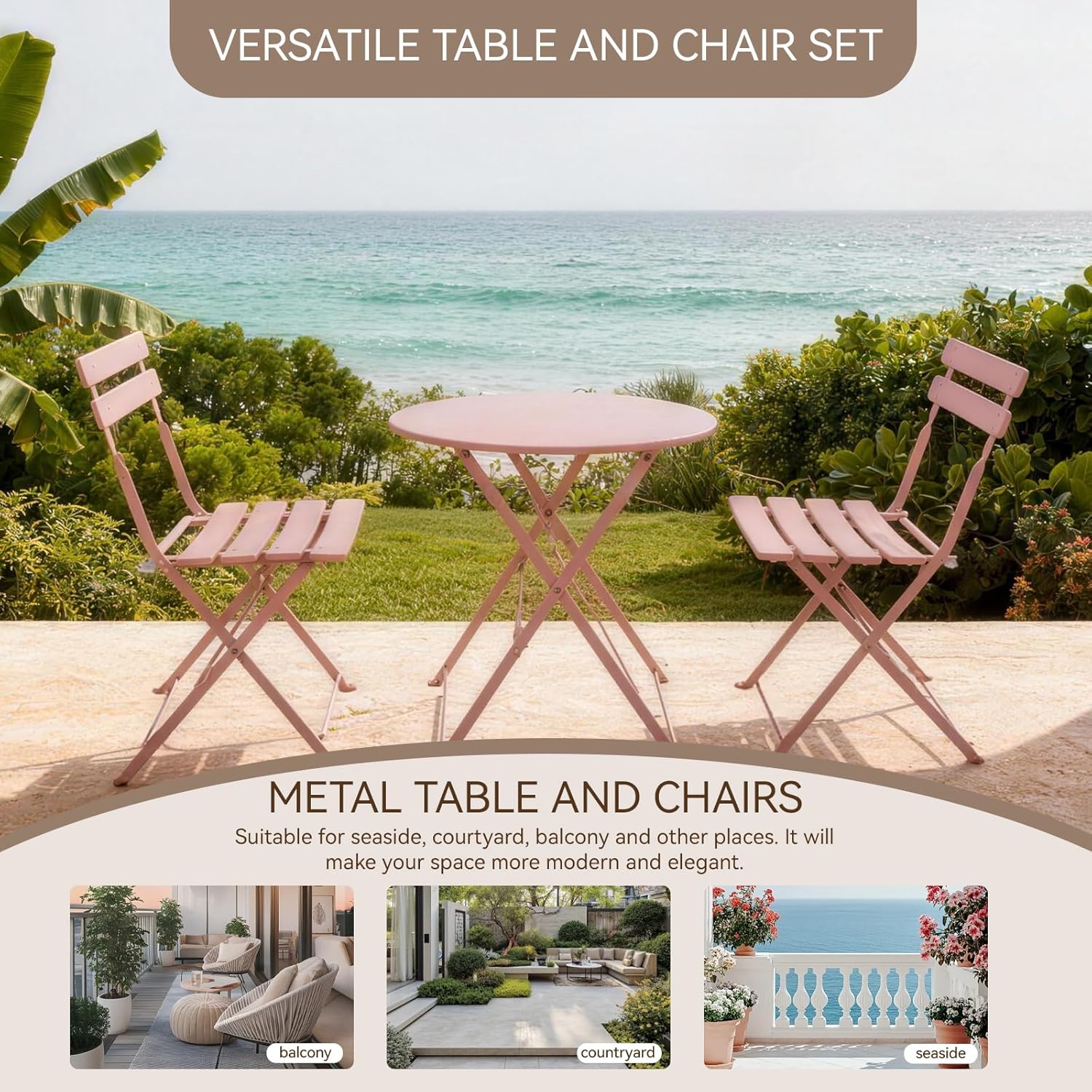 3-Piece Outdoor Patio Bistro Set, Folding Metal Table and 2 Chairs, Rust-Resistant Steel Frame, Space-Saving Balcony Furniture Set (Pink)