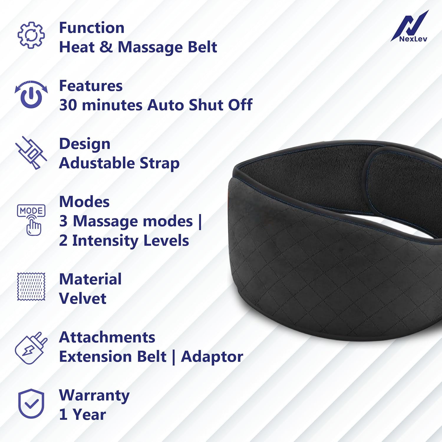 NexLev Orthopaedic Heat and Massage Belt | Massager for Lower Back Shoulder Cramps and Neck Pain Relief | 3 massage Modes | 2 intensities | Heat for Soothing Sore Muscles | 30 min Auto Shut off |HB-01 NexLev Orthopaedic Heat and Massage Belt | Massager for Lower Back Shoulder Cramps and Neck Pain Relief | 3 massage Modes | 2 intensities | Heat for Soothing Sore Muscles | 30 min Auto Shut off |HB-01