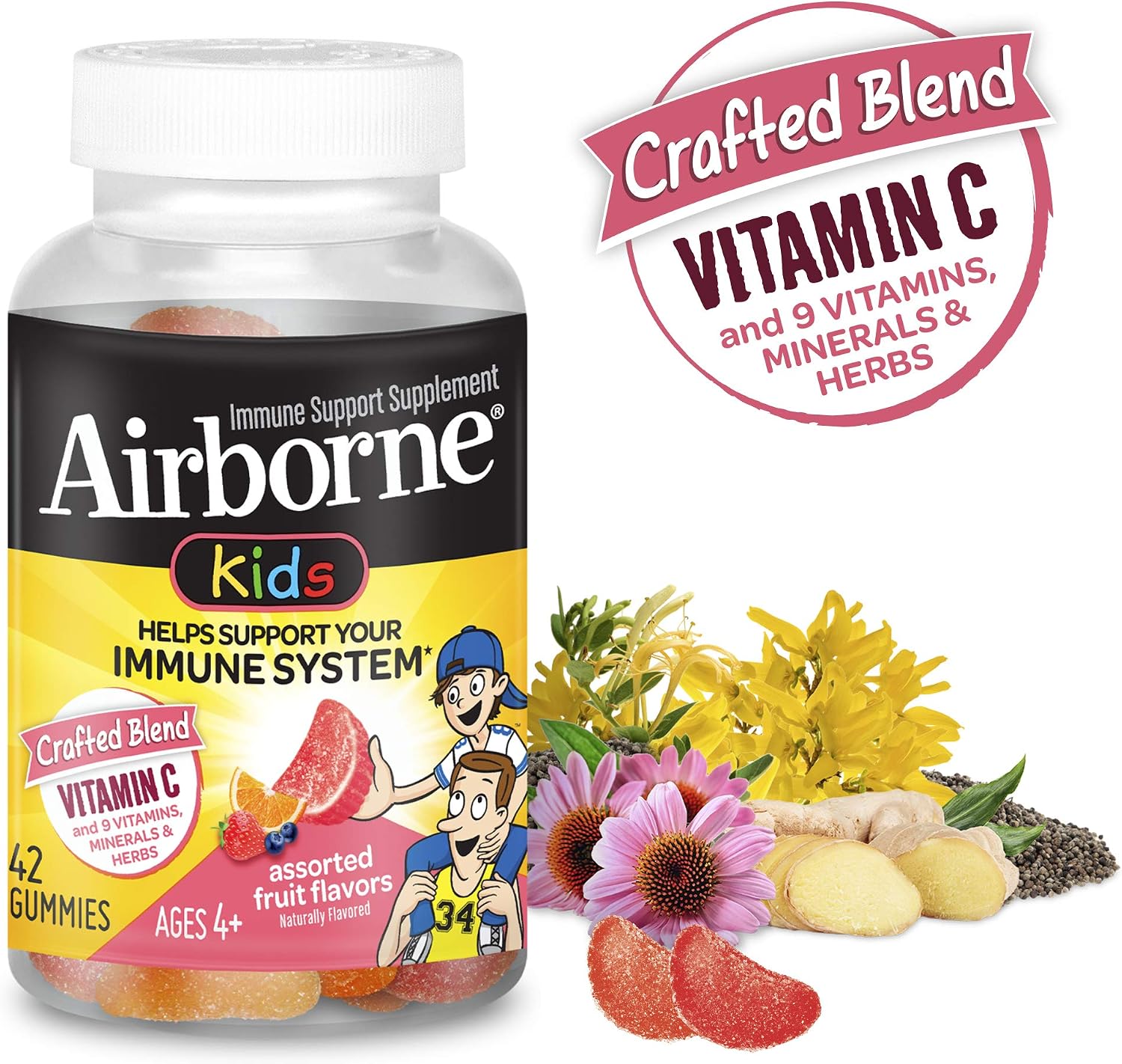 Airborne Kids Gummies Vitamin C Immune Support Supplement, Assorted Fruit Flavors, 42 ct (Pack of 4)