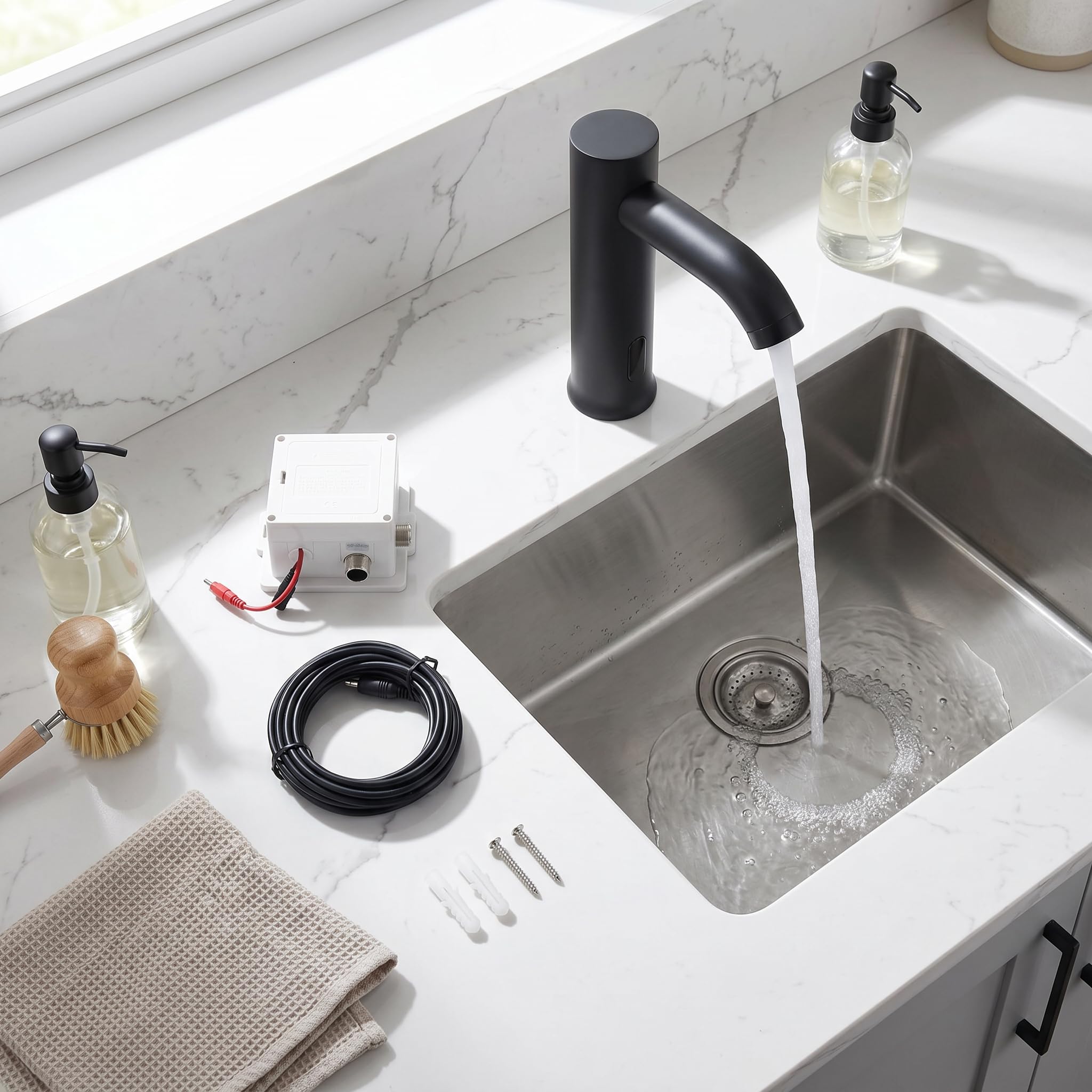 Robinet Capteur Mouvement Automatique Acier Inoxydable Noir Infrarouge Alimentation Pile pour Cuisine Salle de Bain Lavabo Mains Libres