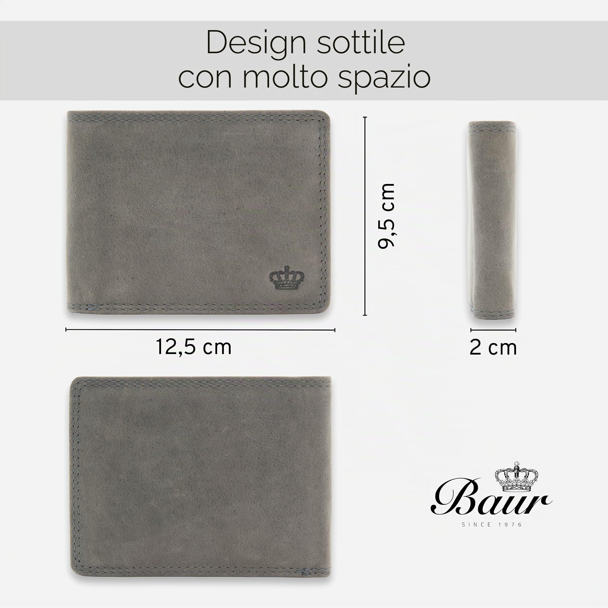 Baur portafoglio da uomo – vera pelle di bufalo con protezione RFID – portafoglio classico orizzontale con 7 scomparti carte e scomparto monete (Formato orizzontale grande, Grigio)