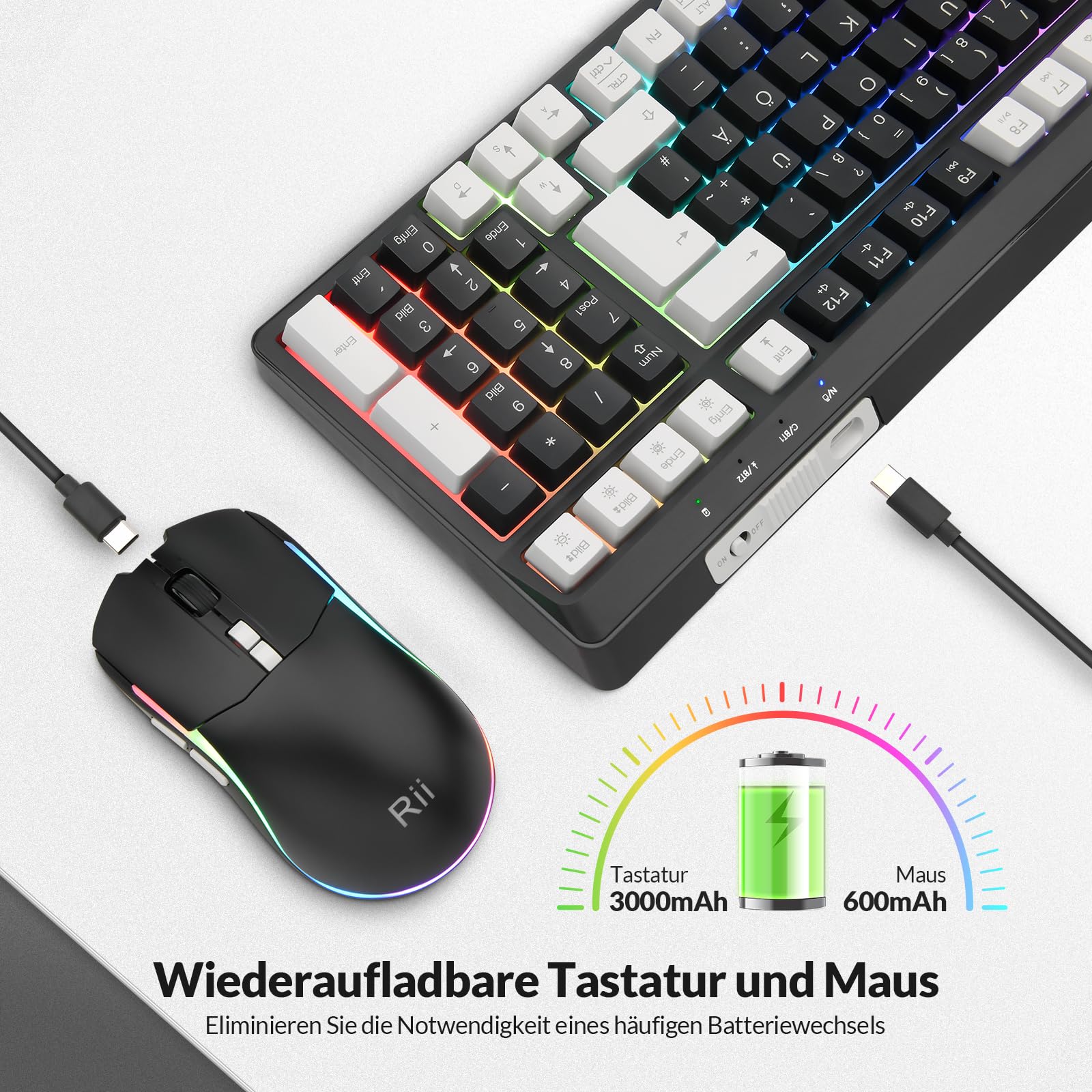 Rii Maus und Tastatur Kabellos Gaming, Tastatur Maus Set, Bluetooth + 2,4GHz Verbindung, LED-Hintergrundbeleuchtung, Wiederaufladbare, QWERTZ